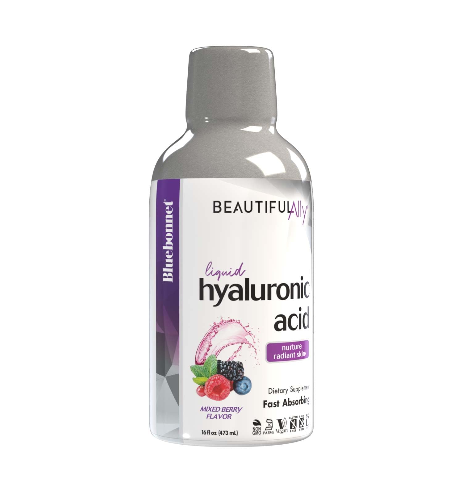 BlueBonnet envase frontal mostrando 16 fl oz y beneficios veganos