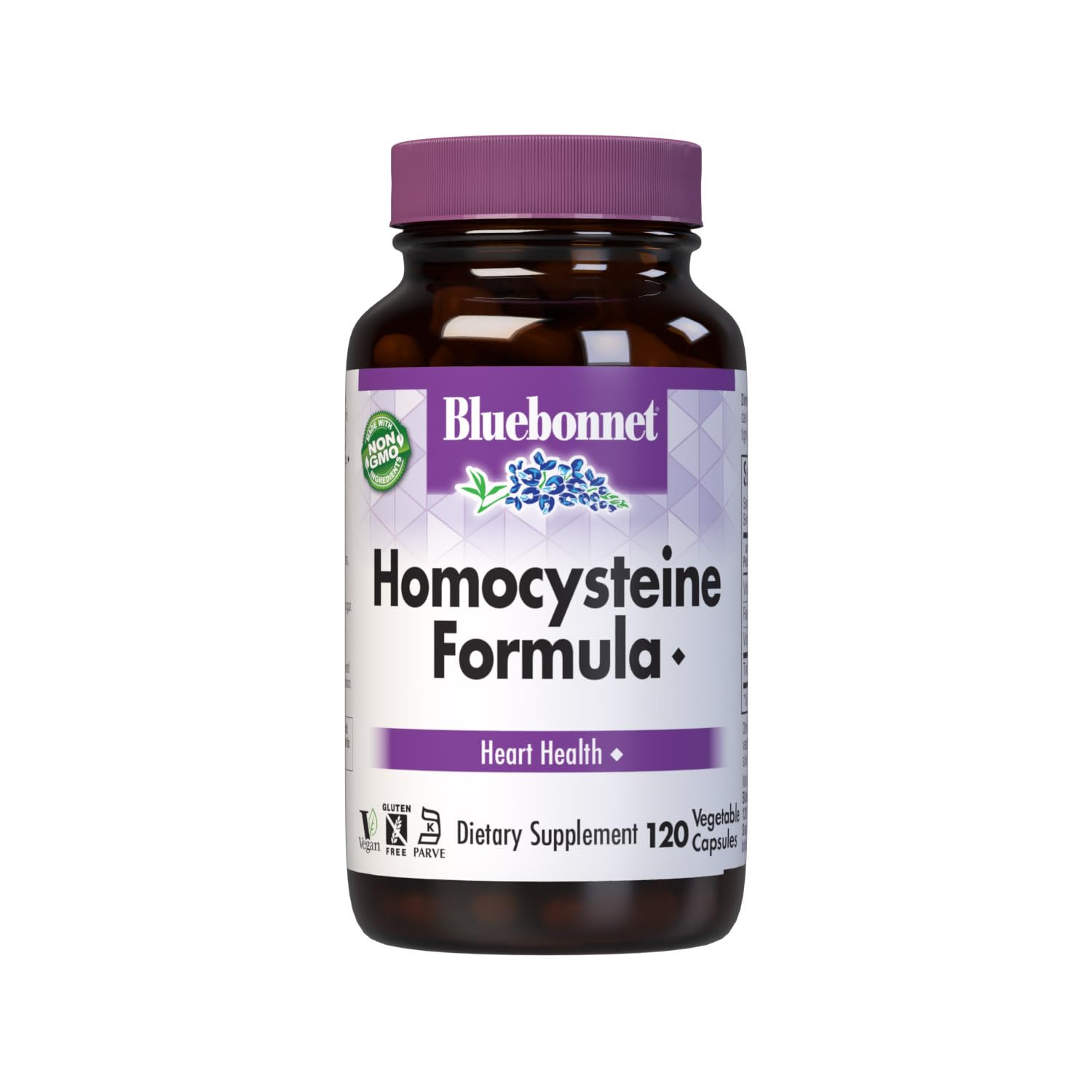 BlueBonnet frasco frontal mostrando etiqueta y aporte de vitaminas B y TMG