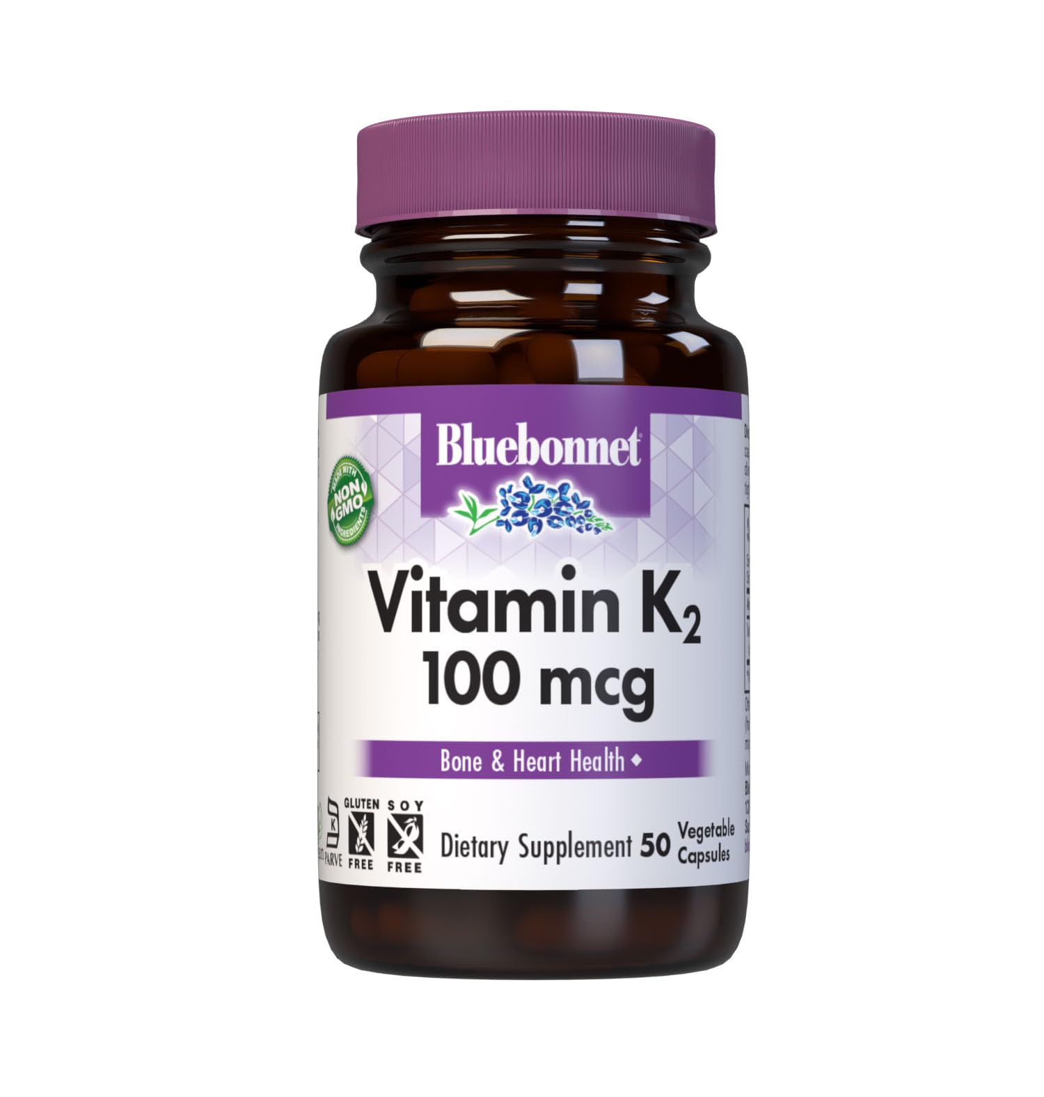 BlueBonnet envase frontal de K2 100 mcg mostrando etiqueta y certificaciones