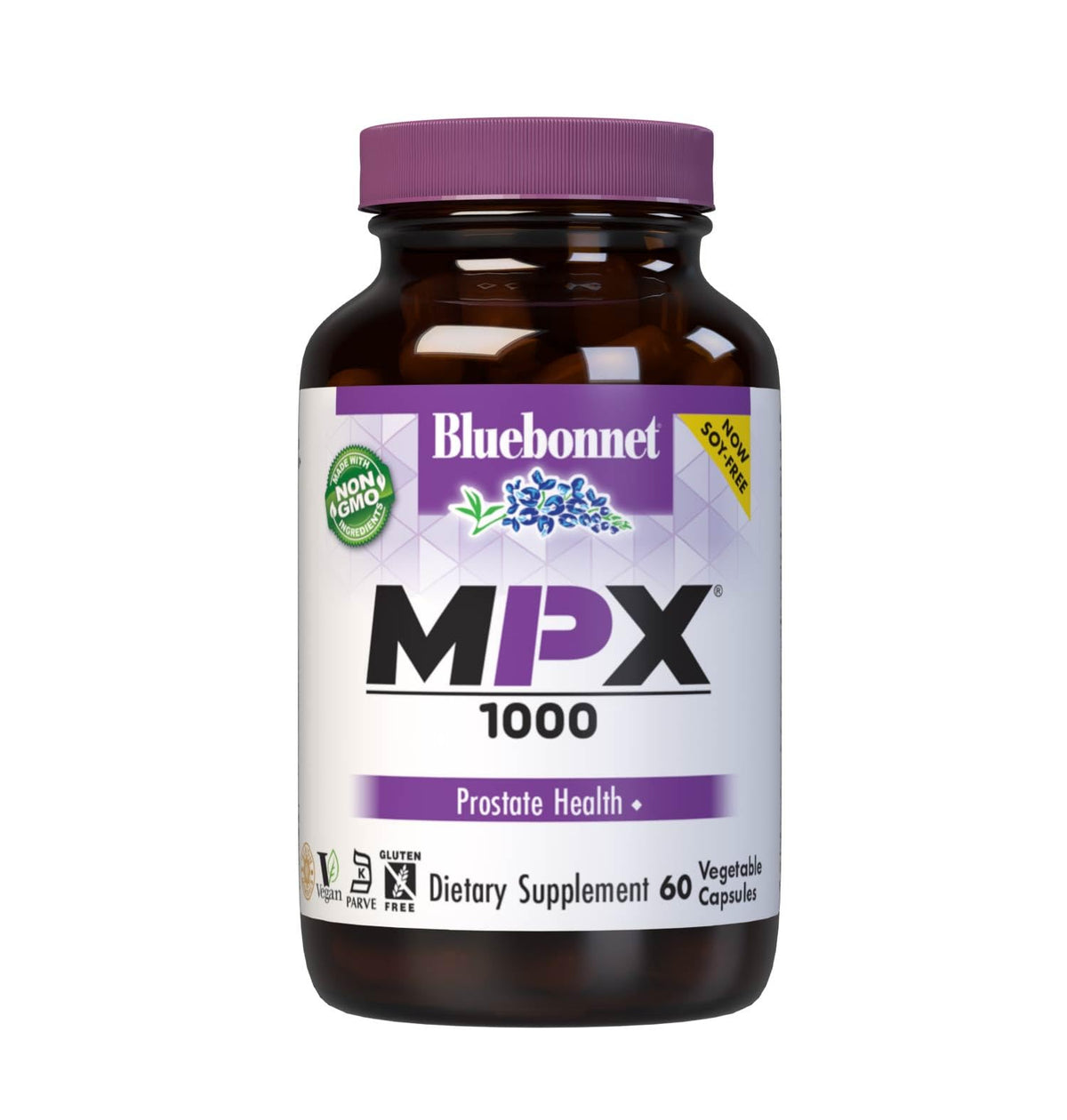 BlueBonnet botella frontal de MPX 1000 con etiqueta clara y beneficios visibles