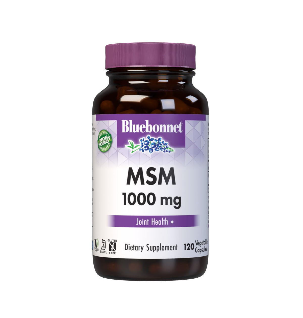 BlueBonnet frasco frontal mostrando etiqueta clara y beneficios principales