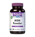 BlueBonnet frasco frontal OptiMSM 2600 mg en polvo, envase reciclable y señal de pureza