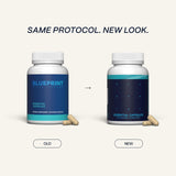 Blueprint Bryan Johnson frasco abierto con cápsulas para dosis diaria
