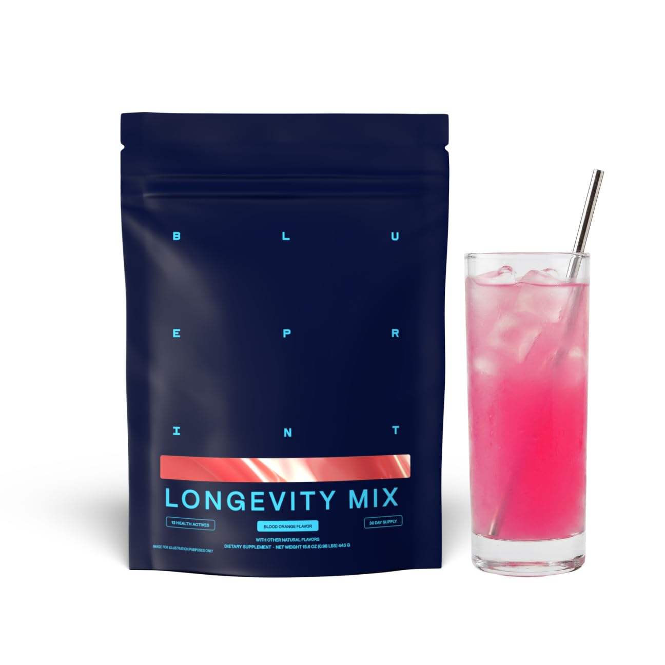 Blueprint Bryan Johnson envase frontal de Longevity Mix mostrando sabor Blood Orange y beneficios veganos