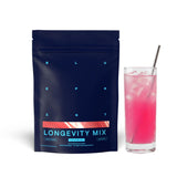 Blueprint Bryan Johnson envase frontal de Longevity Mix mostrando sabor Blood Orange y beneficios veganos