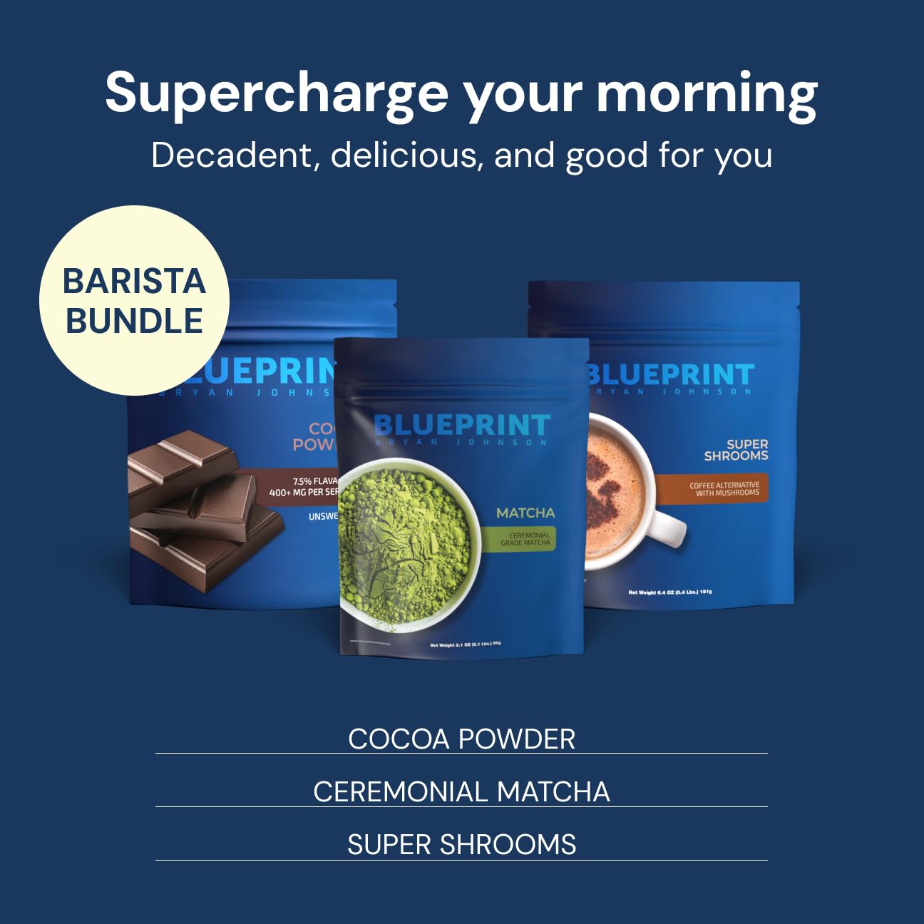 Blueprint Bryan Johnson etiqueta con ingredientes, transparencia y fórmula limpia