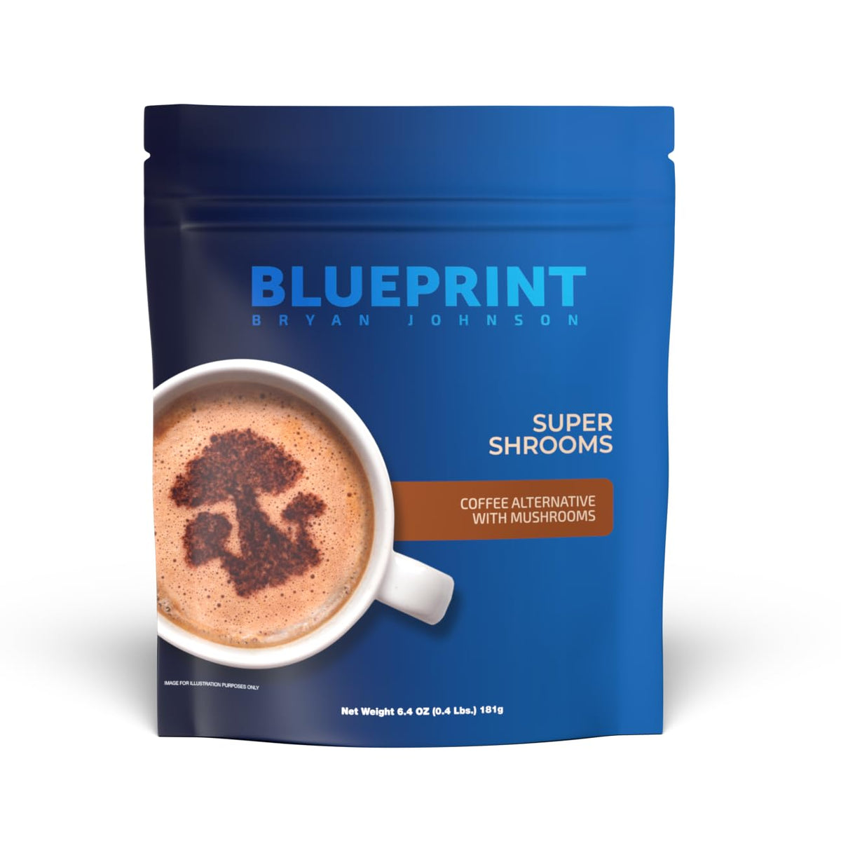 Blueprint Bryan Johnson frente del paquete mostrando 30 porciones y beneficios