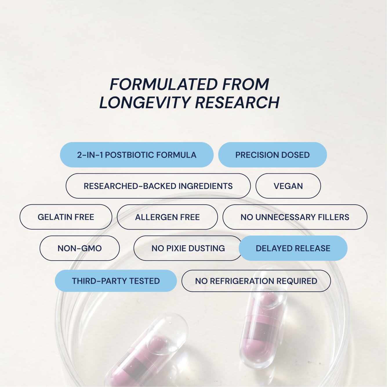 Blueprint by Bryan Johnson etiqueta con lista de ingredientes y pruebas