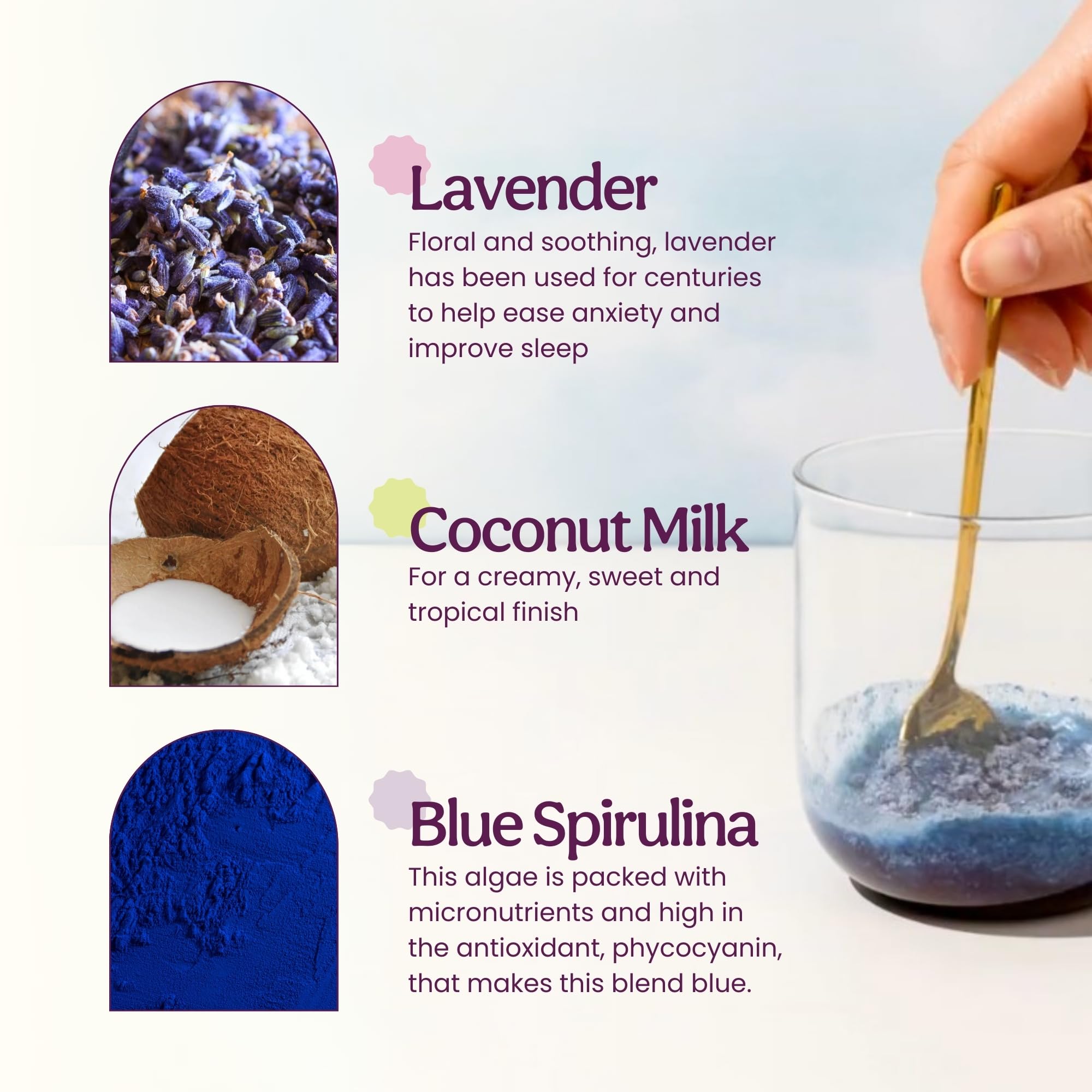 Blume ingredientes porcionados: lavanda, manzanilla y spirulina azul, naturales