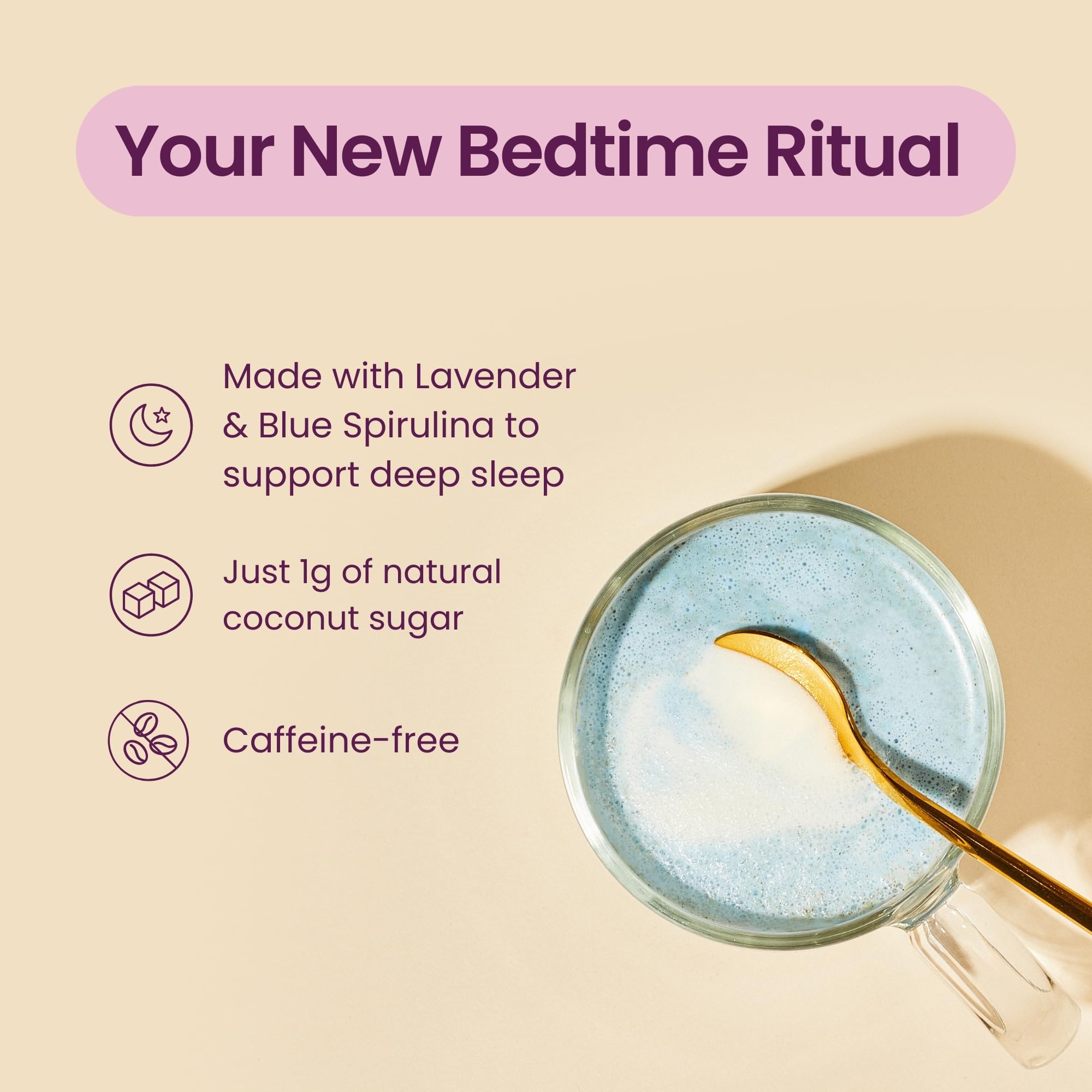 Blume latte servido en taza cremoso, ideal para relajación nocturna
