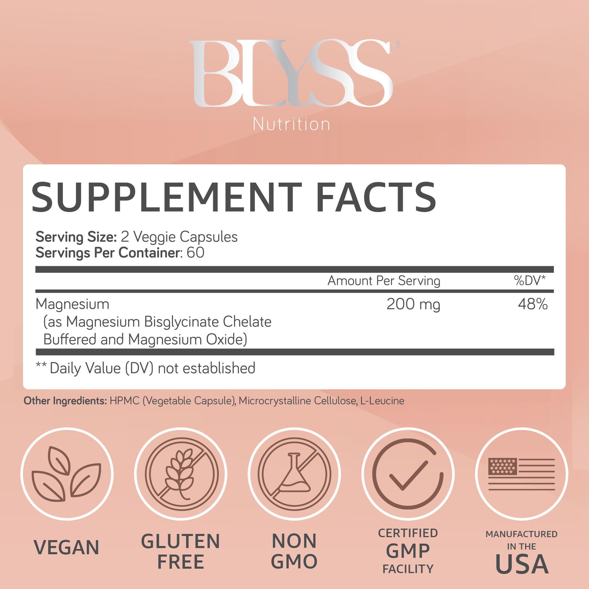 BLYSS Nutrition primer plano de una cápsula 200 mg mostrando textura y absorción suave