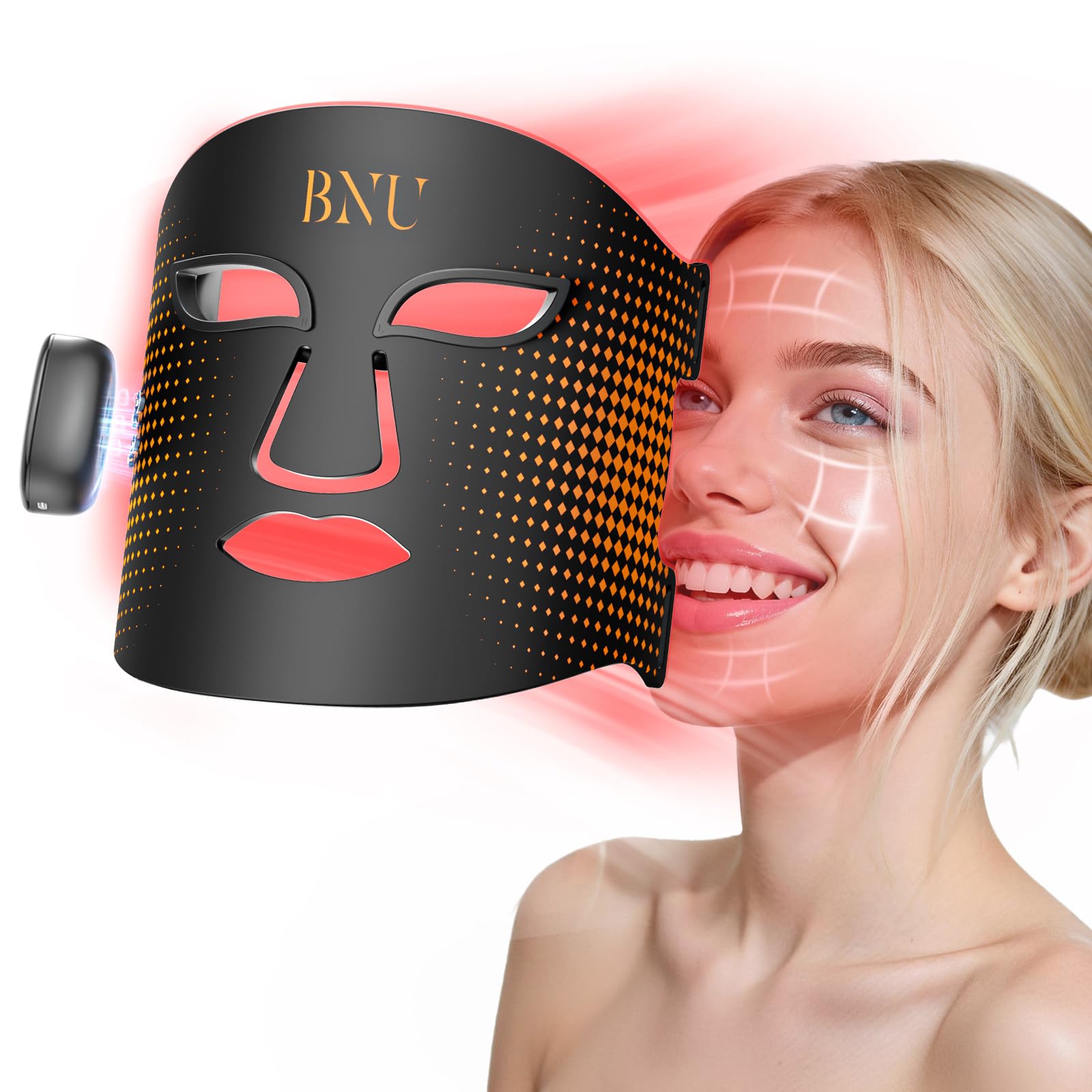 BNU mascarilla LED frontal mostrando ajuste cómodo y cobertura facial