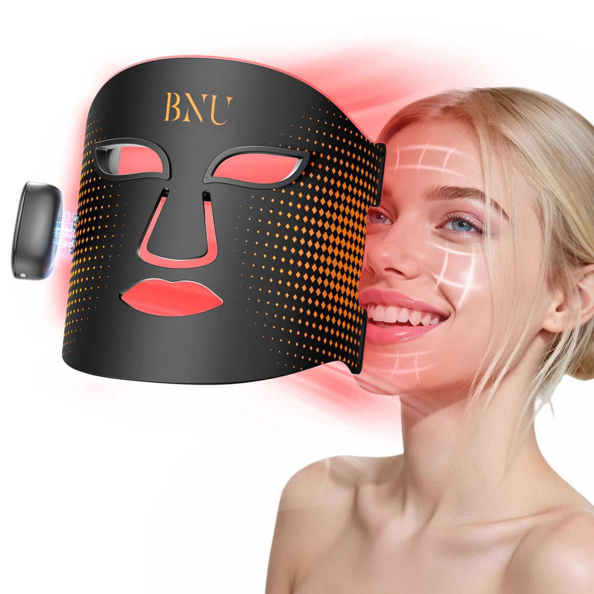 BNU mascarilla LED frontal mostrando ajuste cómodo y cobertura facial
