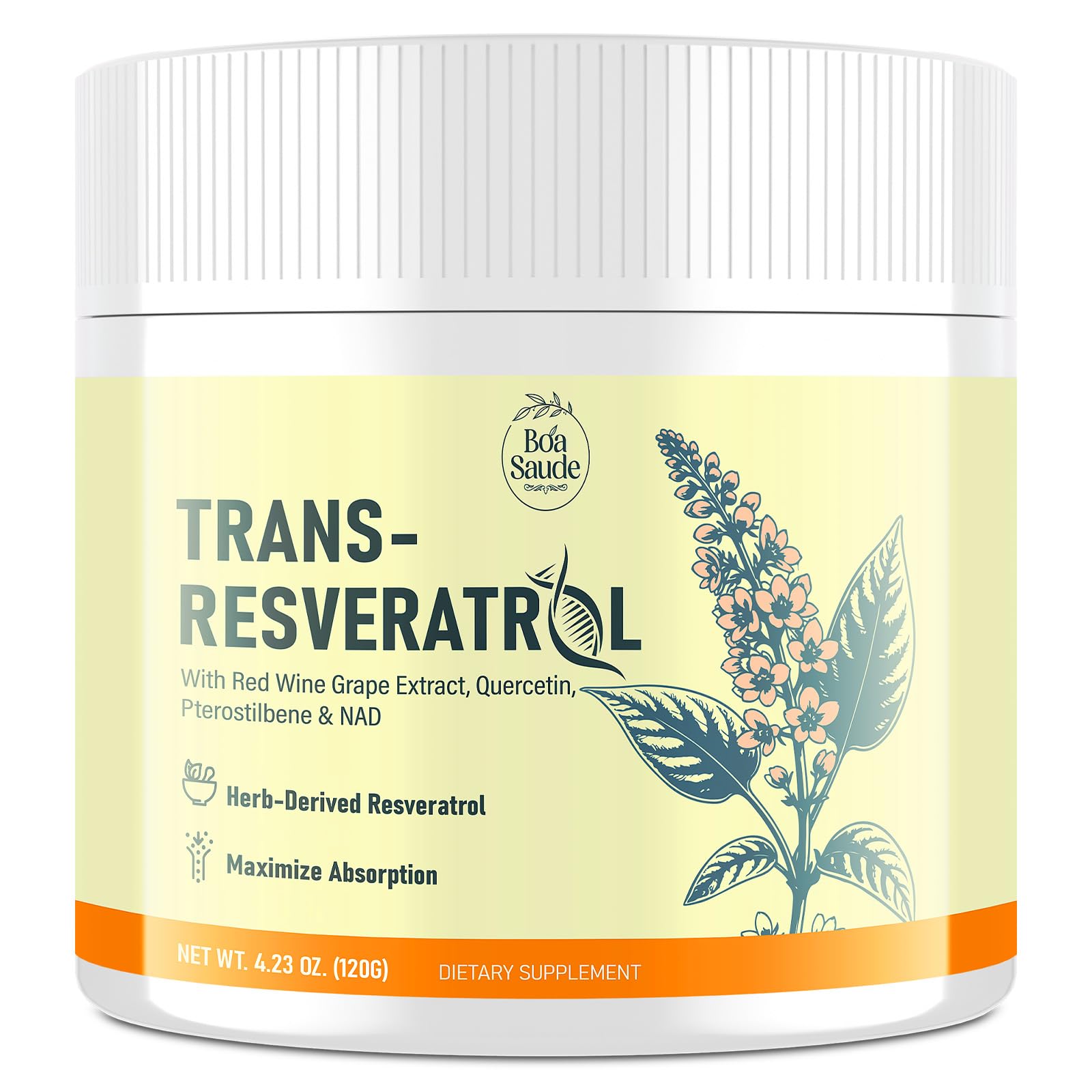 BoaSaude frasco frontal del Trans-Resveratrol, presentación clara y profesional