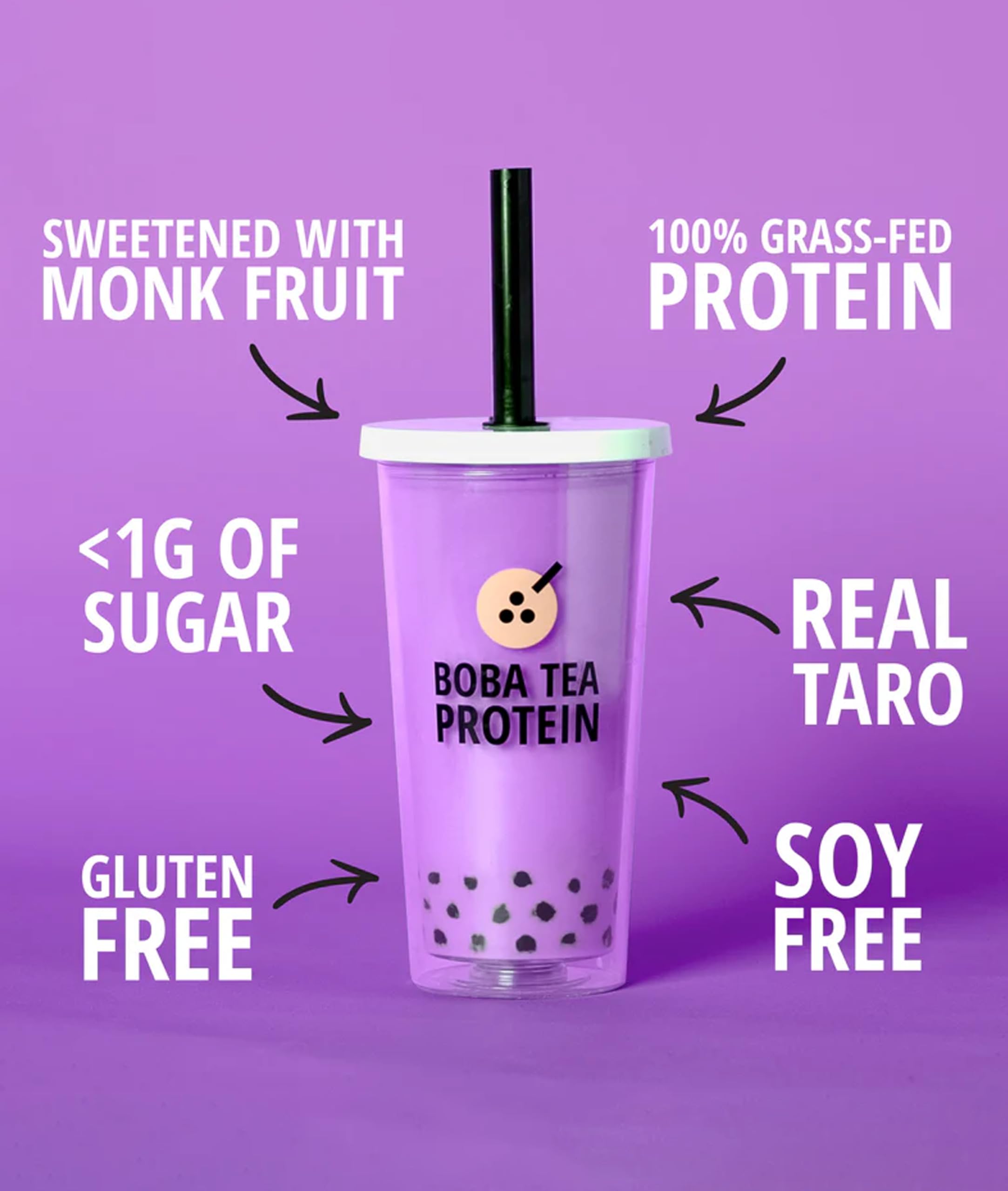 Boba Tea Protein vaso preparado con hielo, sabor taro cremoso