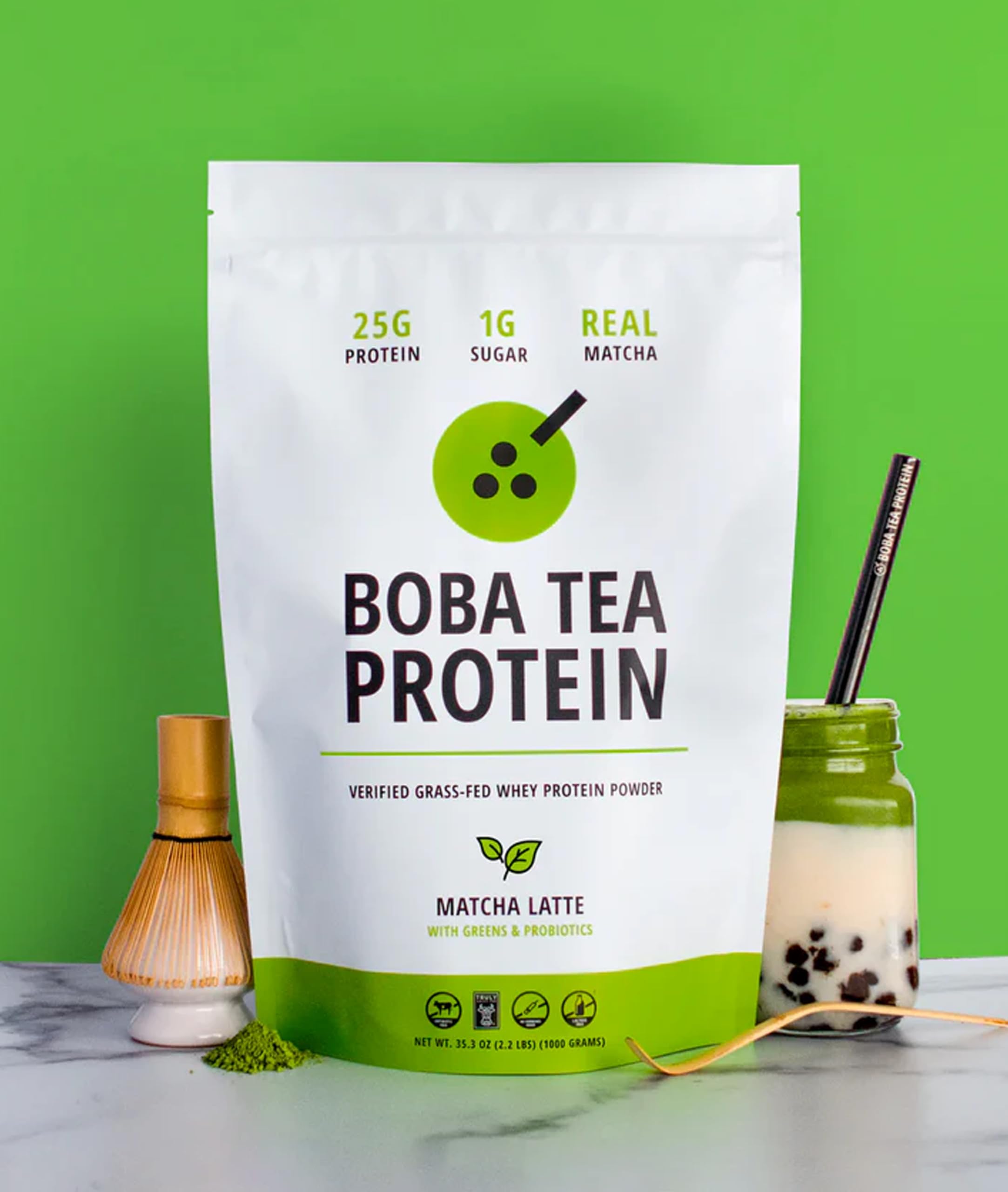 Polvo matcha de Boba Tea Protein: textura fina y color verde intenso