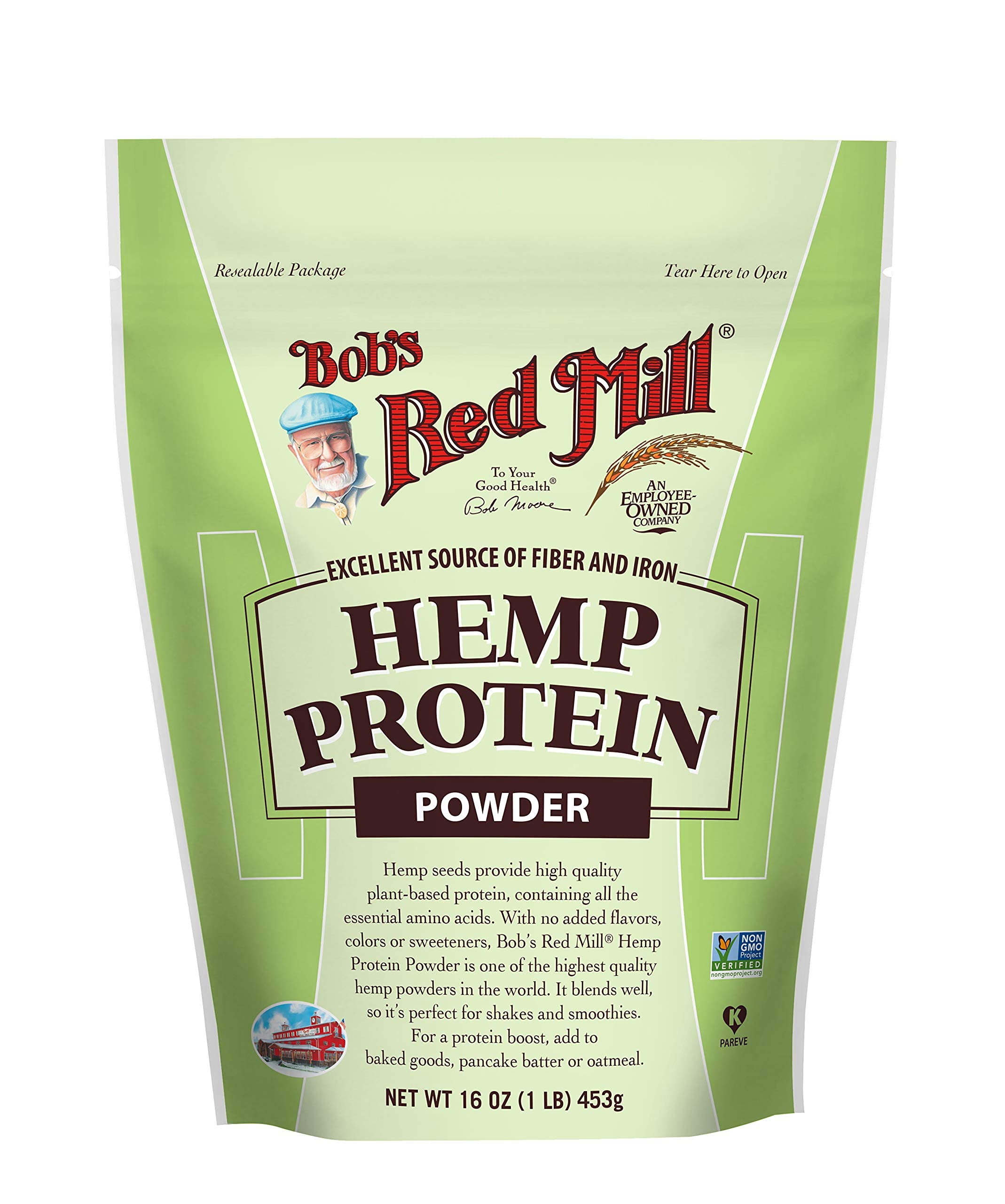 Bob's Red Mill frente del empaque mostrando bolsa resellable y beneficios
