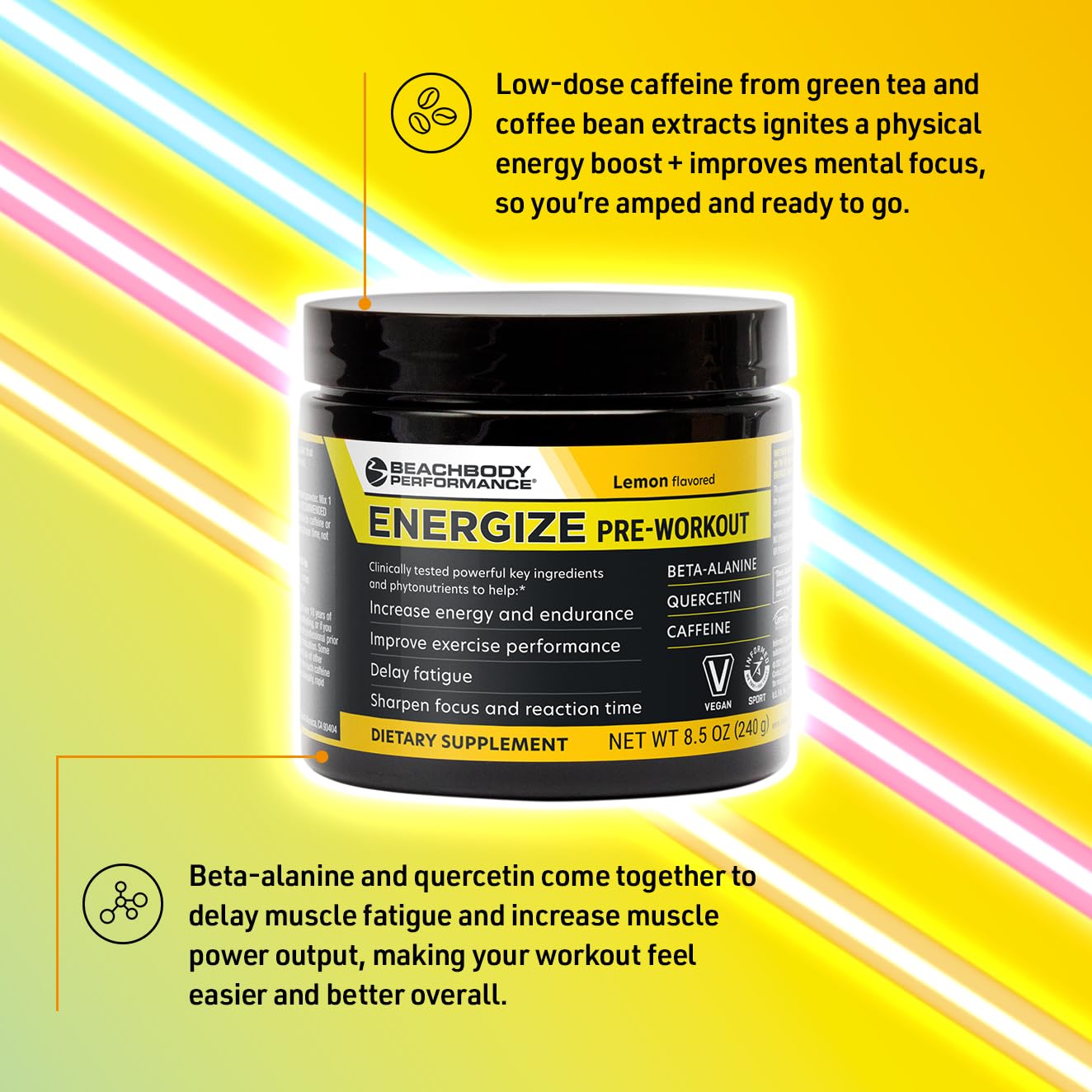 BODi etiqueta de Energize con tabla nutricional y ingredientes clave