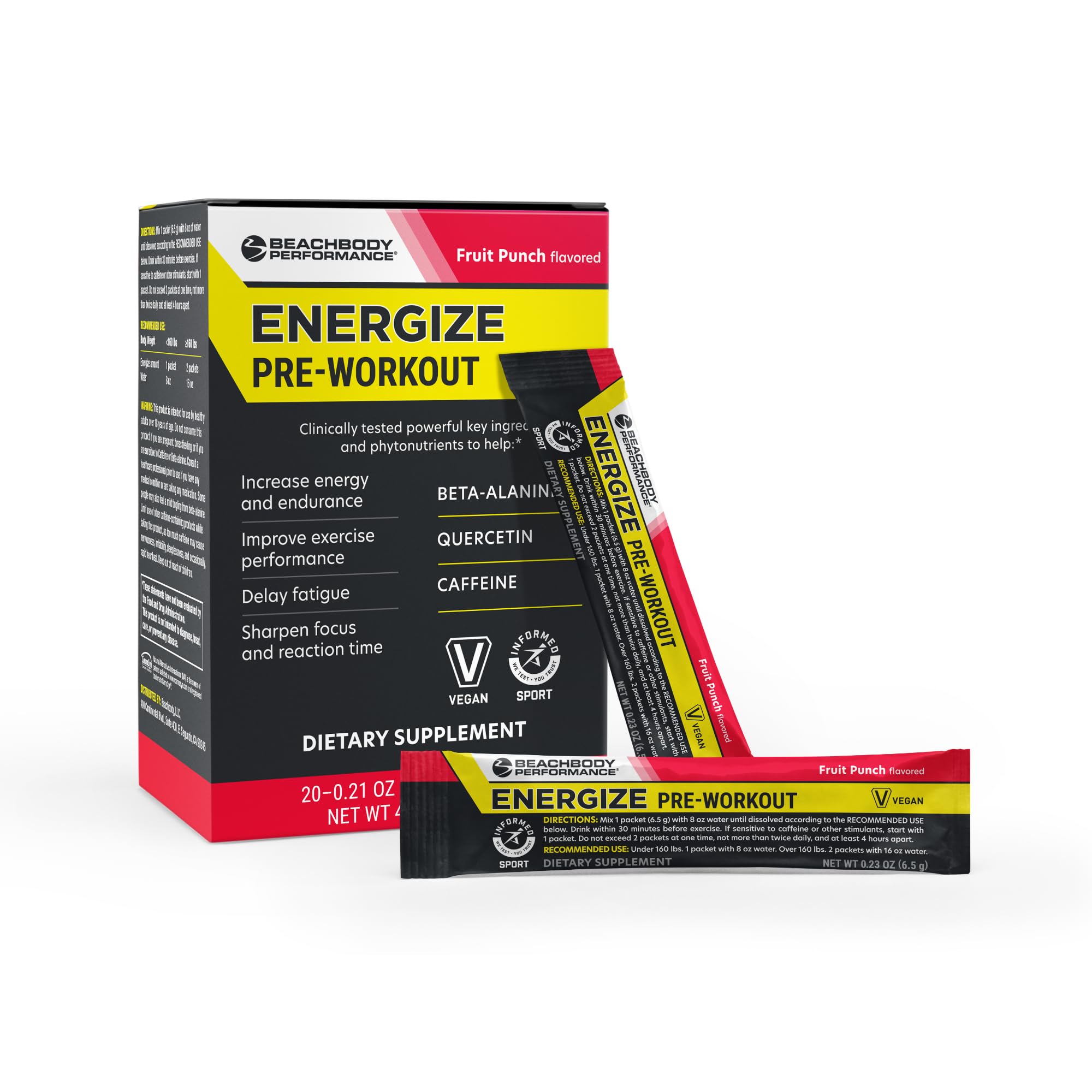 BODi Energize frente del empaque mostrando 20 sobres y beneficio de conveniencia
