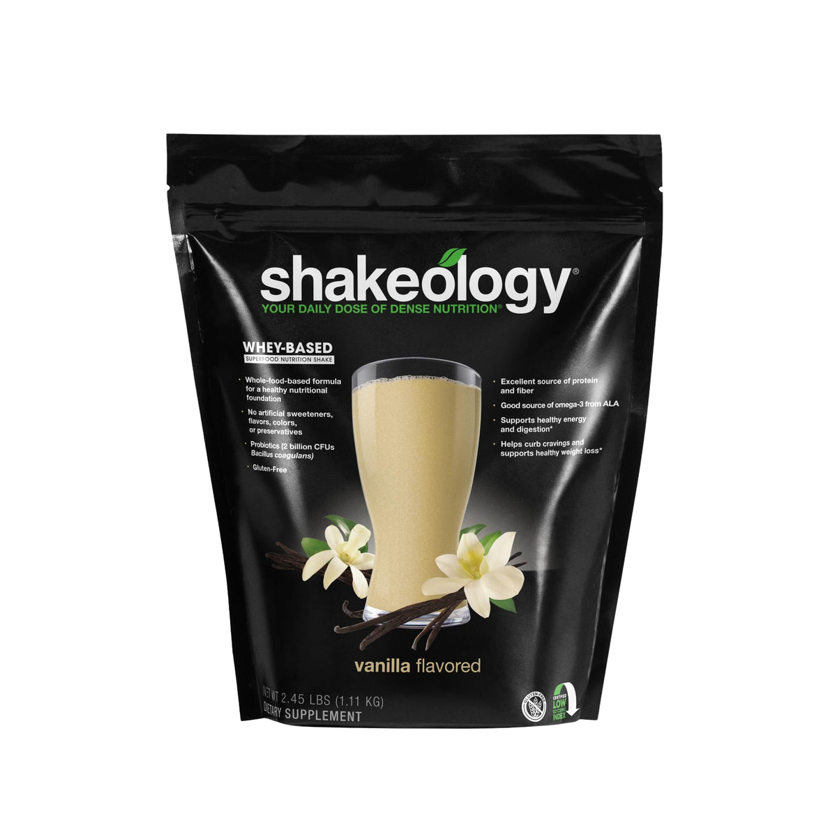 BODi envase frontal de Shakeology Vainilla mostrando información clave y atractivo