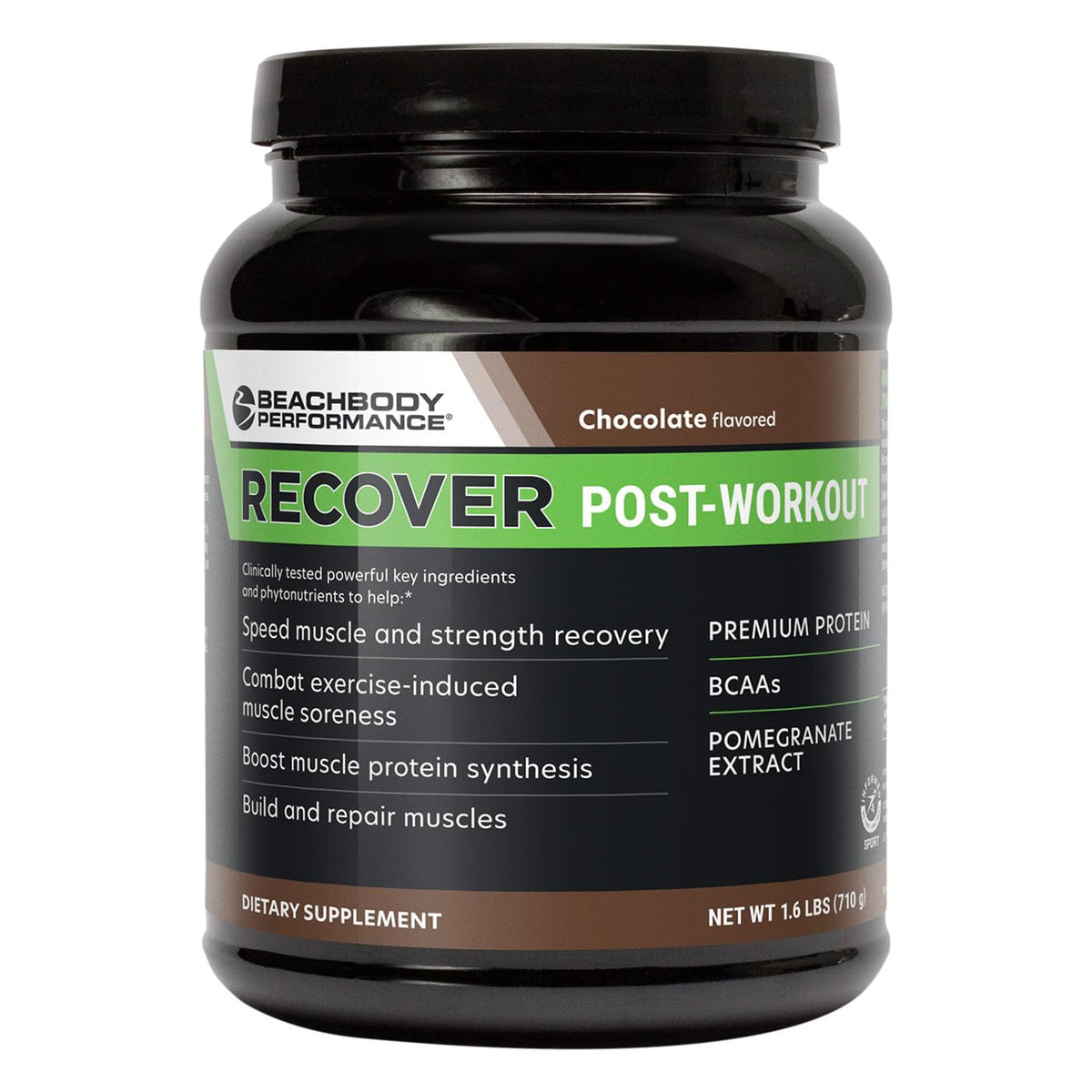 BODi Recover Whey vista frontal del tarro y marca, fácil identificación y confianza