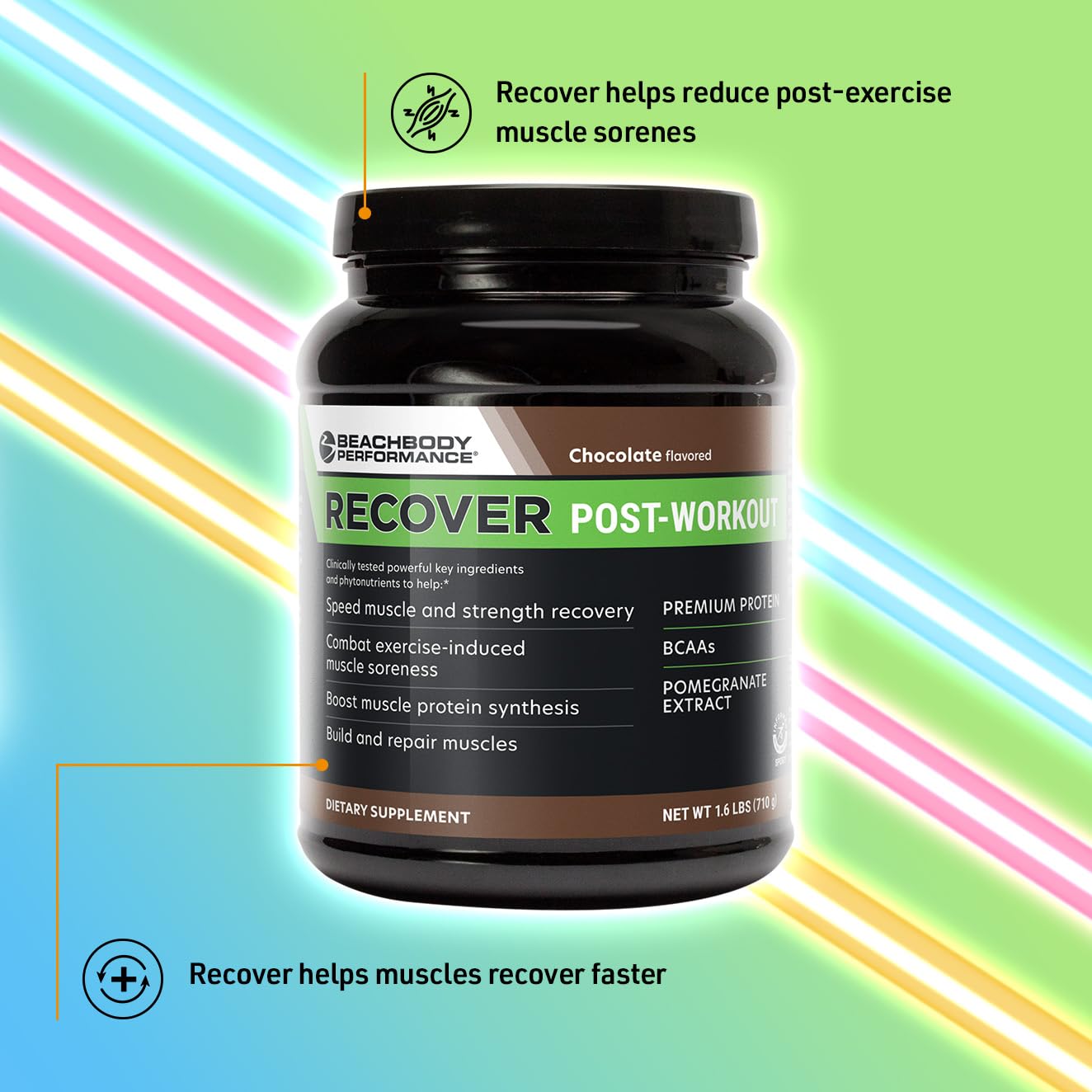 BODi Recover Whey tarro junto a una pesa para comparar tamaño, ideal para gimnasio