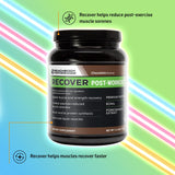 BODi Recover Whey tarro junto a una pesa para comparar tamaño, ideal para gimnasio