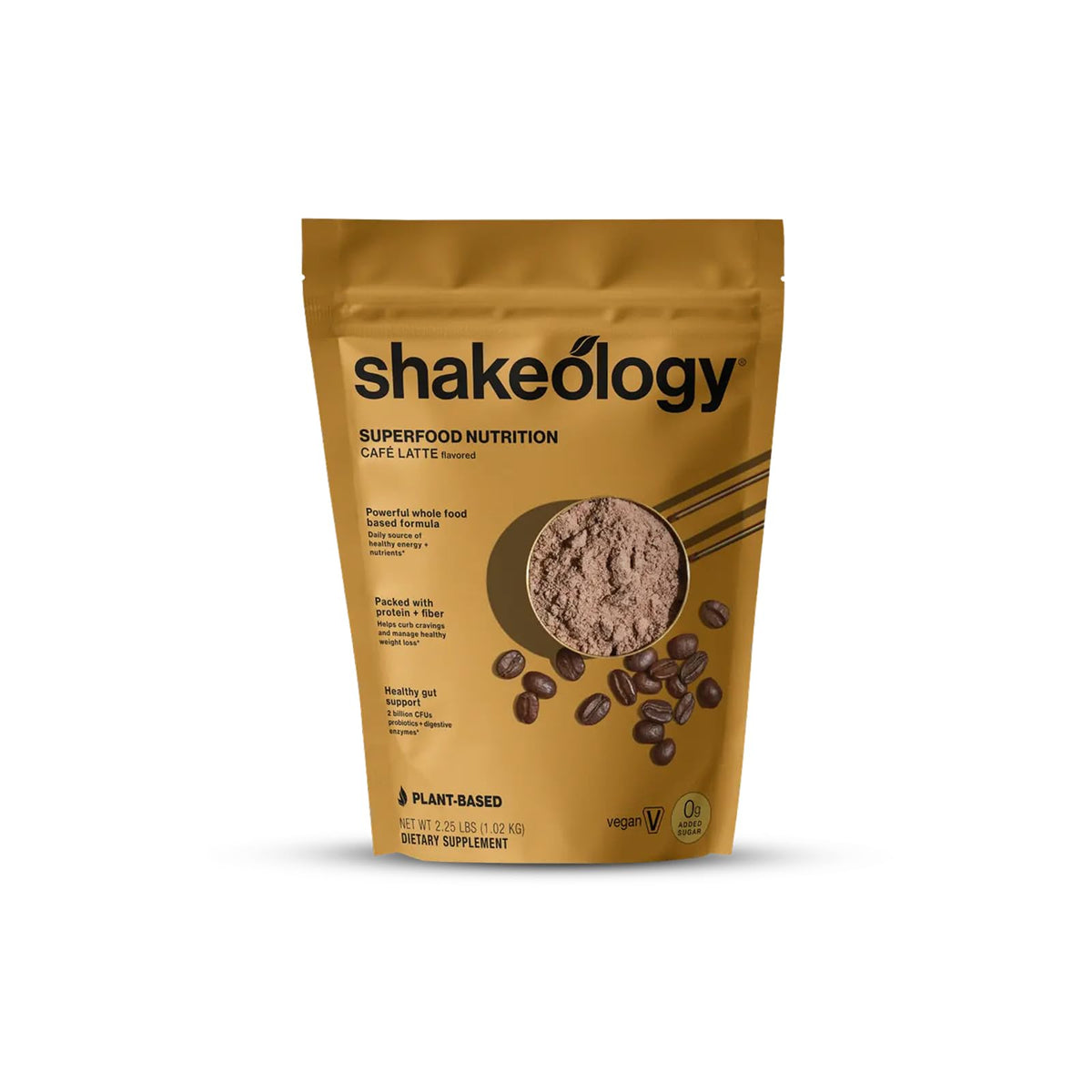 BODi Shakeology frontal del envase mostrando sabor Cafe Latte y 30 servicios