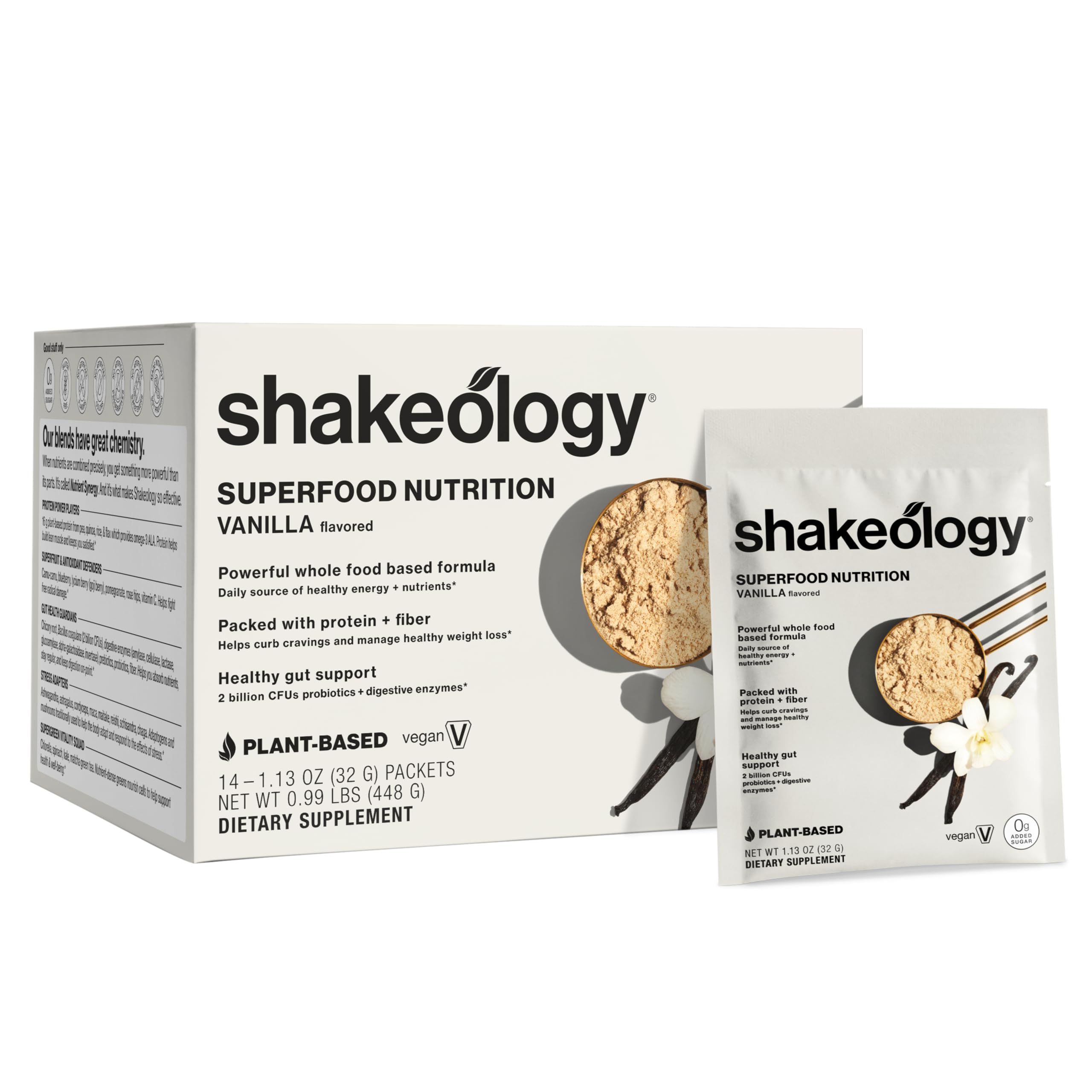 BODi empaque frontal de Shakeology vainilla mostrando diseño y practicidad