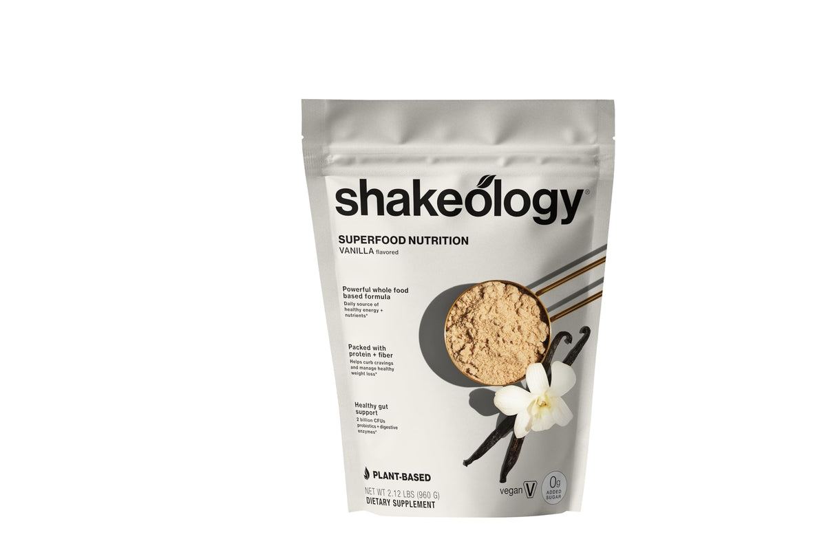 BODi envase frontal de Shakeology vainilla mostrando diseño y beneficio nutritivo