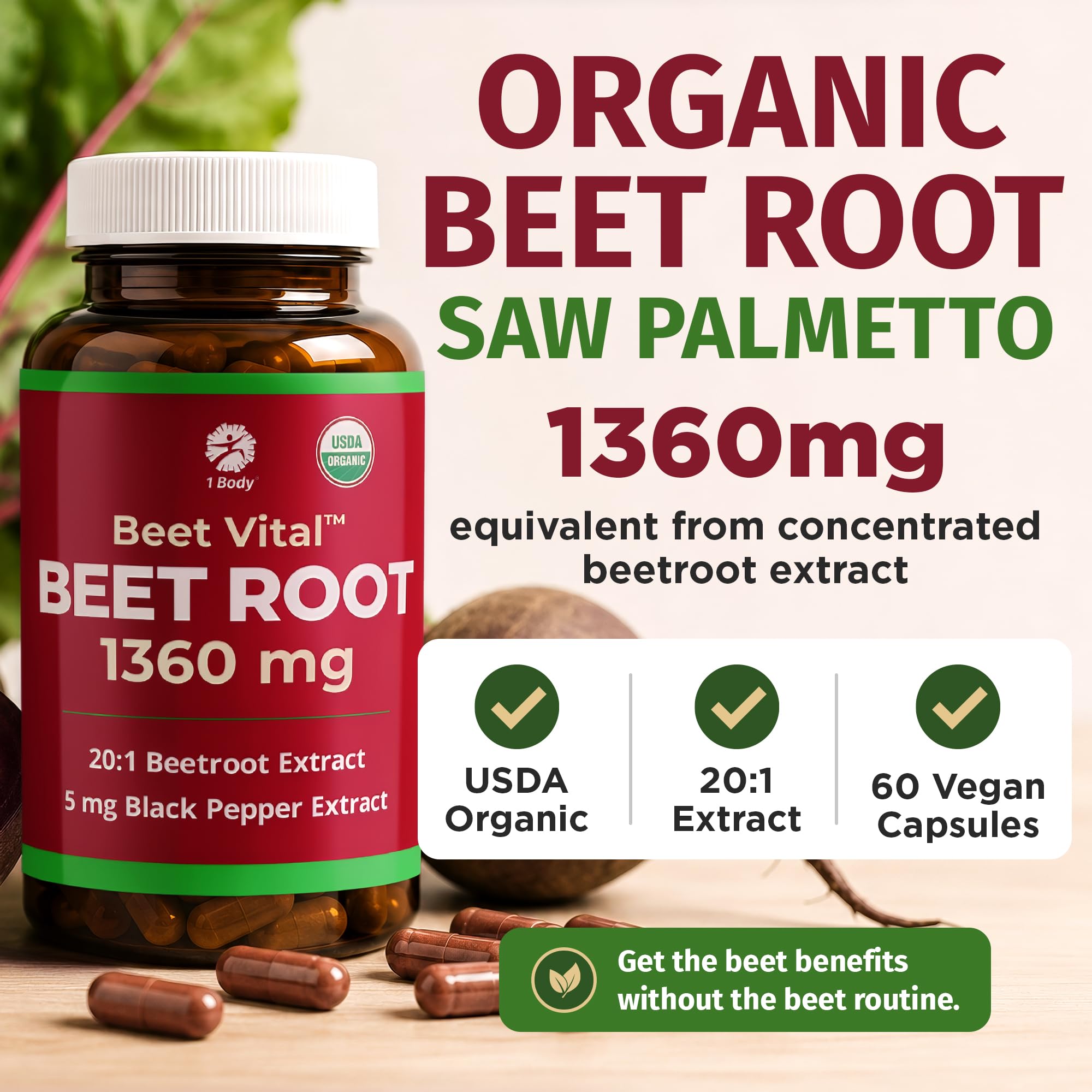 Body Beet Vital cápsulas montadas sobres mesa, fácil dosificación diaria