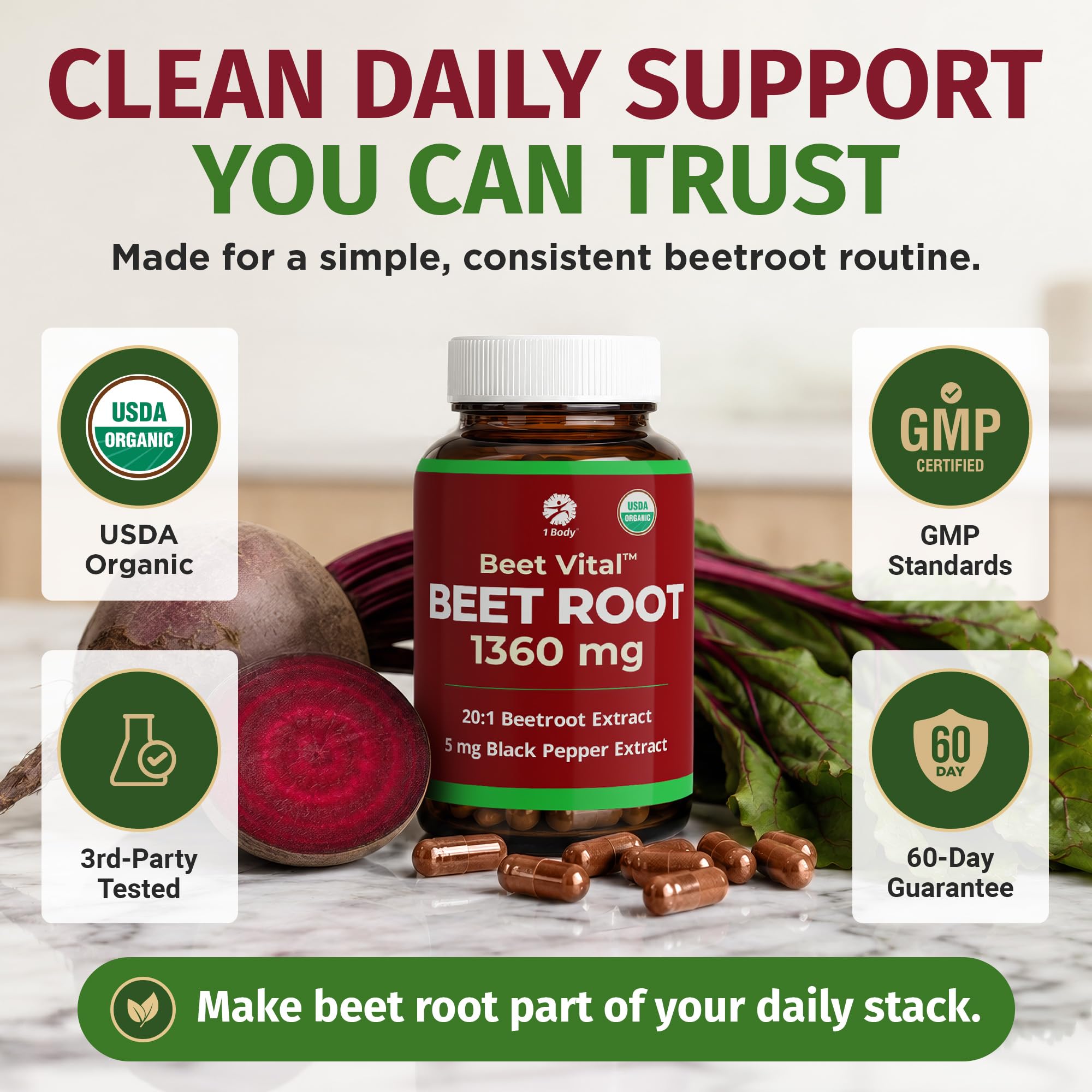 Body Beet Vital comparación de tamaño en mano, cápsulas compactas y portátiles