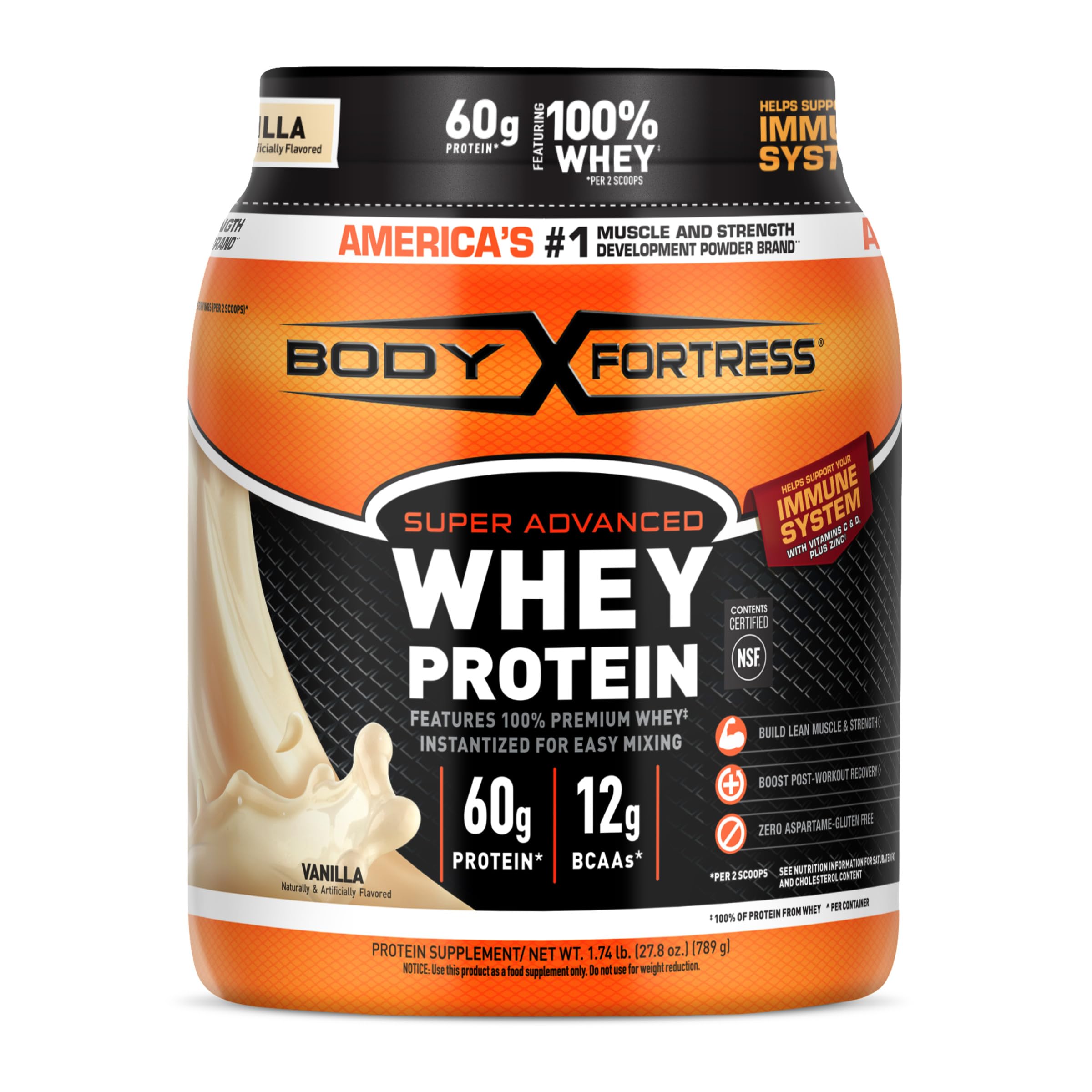Body Fortress bote frontal mostrando etiqueta y beneficio proteico