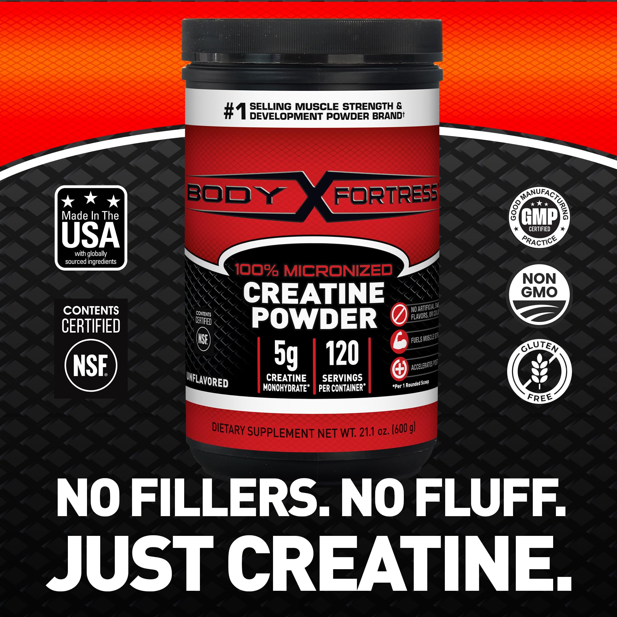 Cuchara con 5 g de Body Fortress creatina listo para añadir a batido