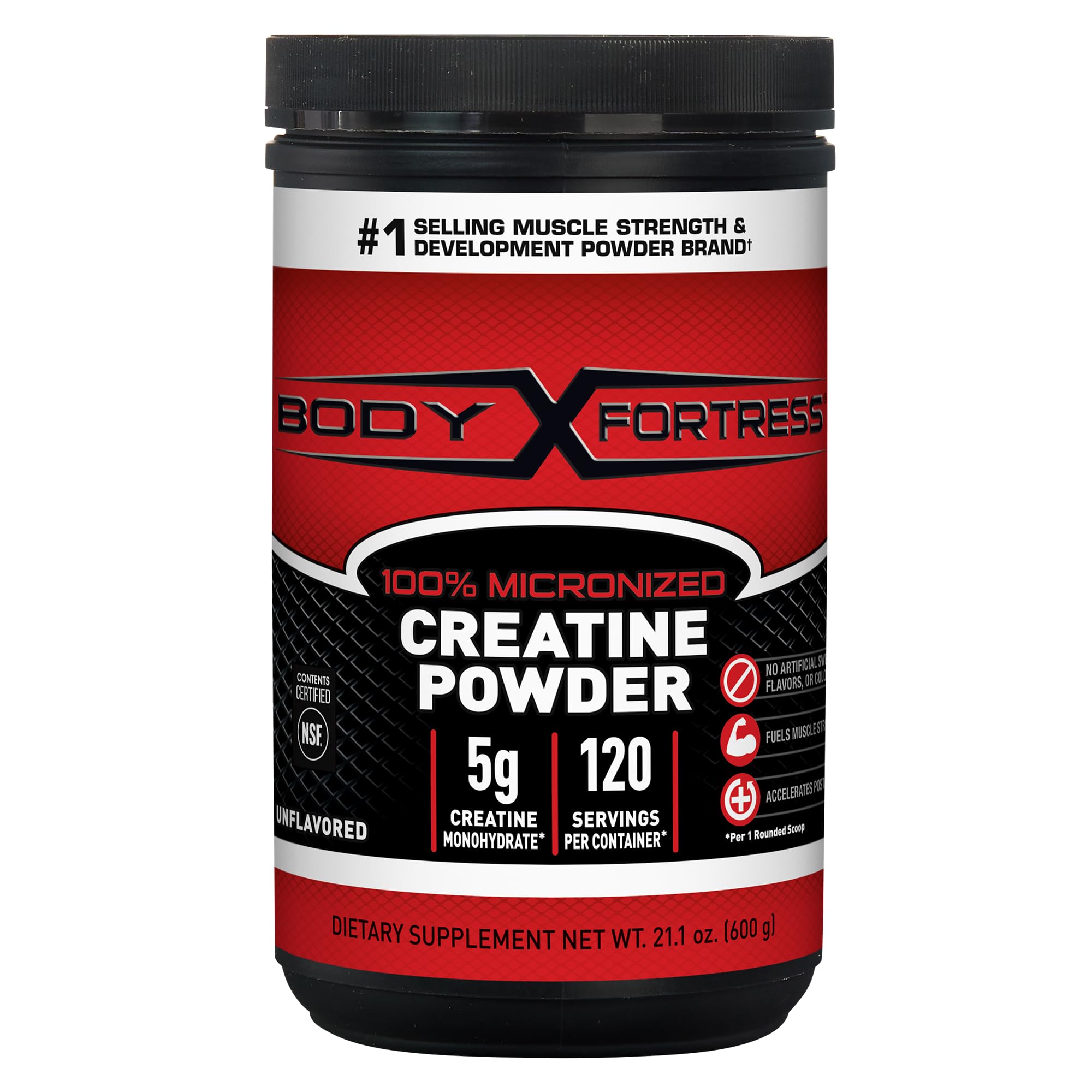 Body Fortress envase frontal mostrando creatina sin sabor y beneficios de fuerza
