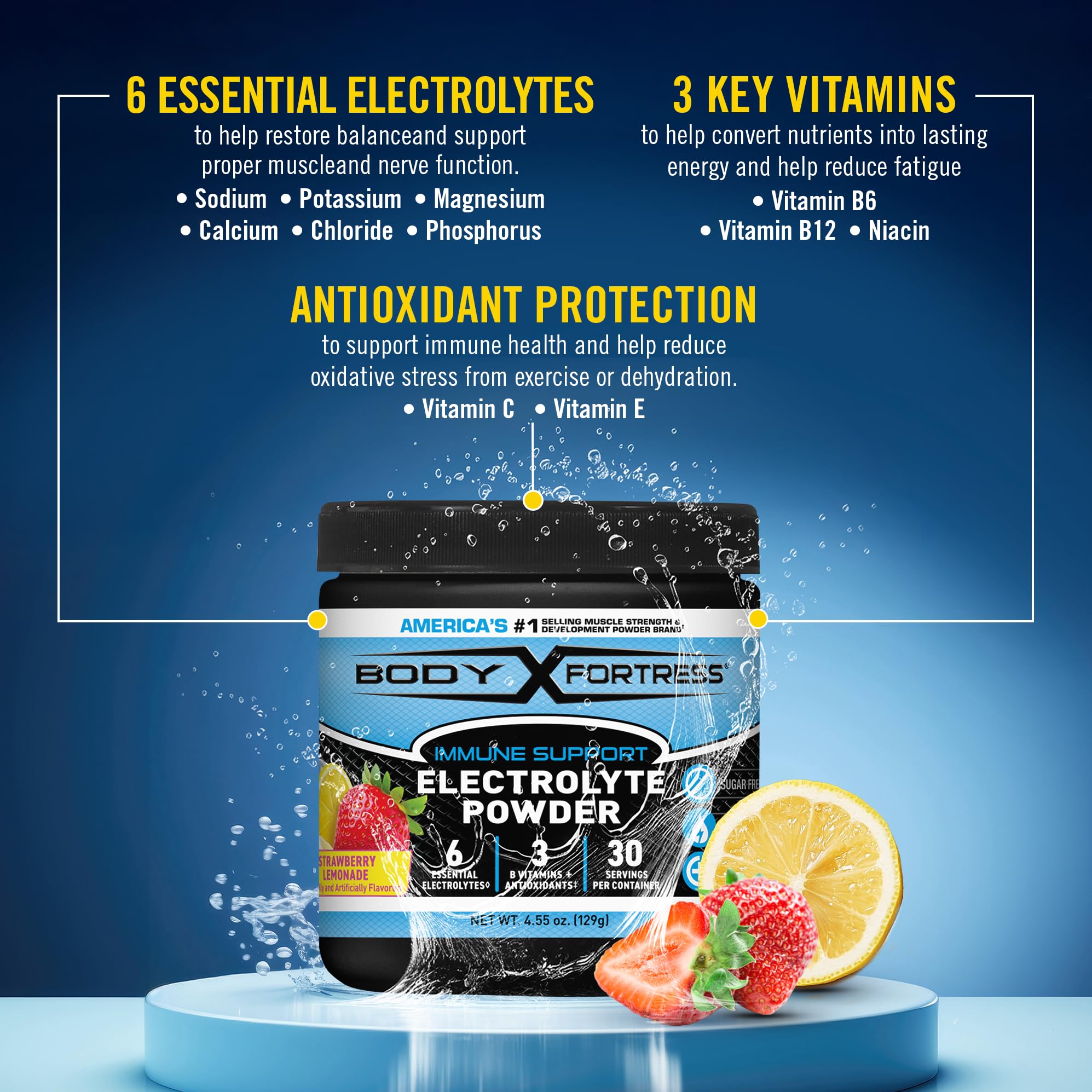 Body Fortress bebida diluida en vaso lista para hidratarse inmediatamente