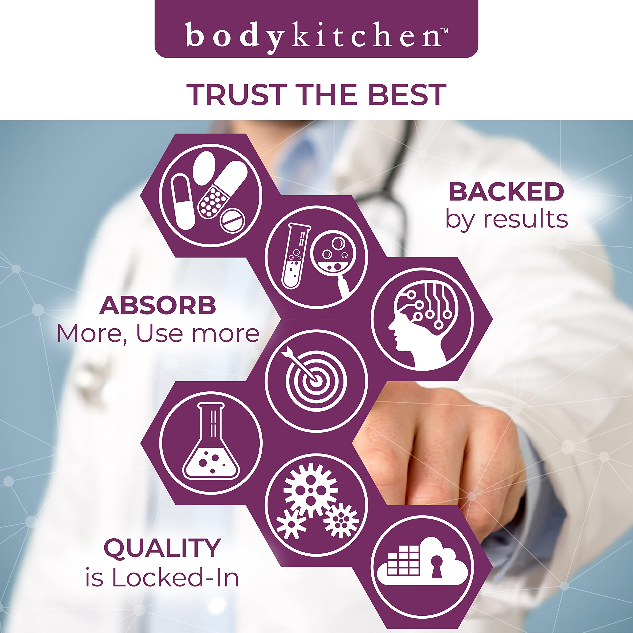 Body Kitchen frasco sobre mesa tipo clínica indicando control de calidad