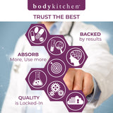 Body Kitchen frasco sobre mesa tipo clínica indicando control de calidad