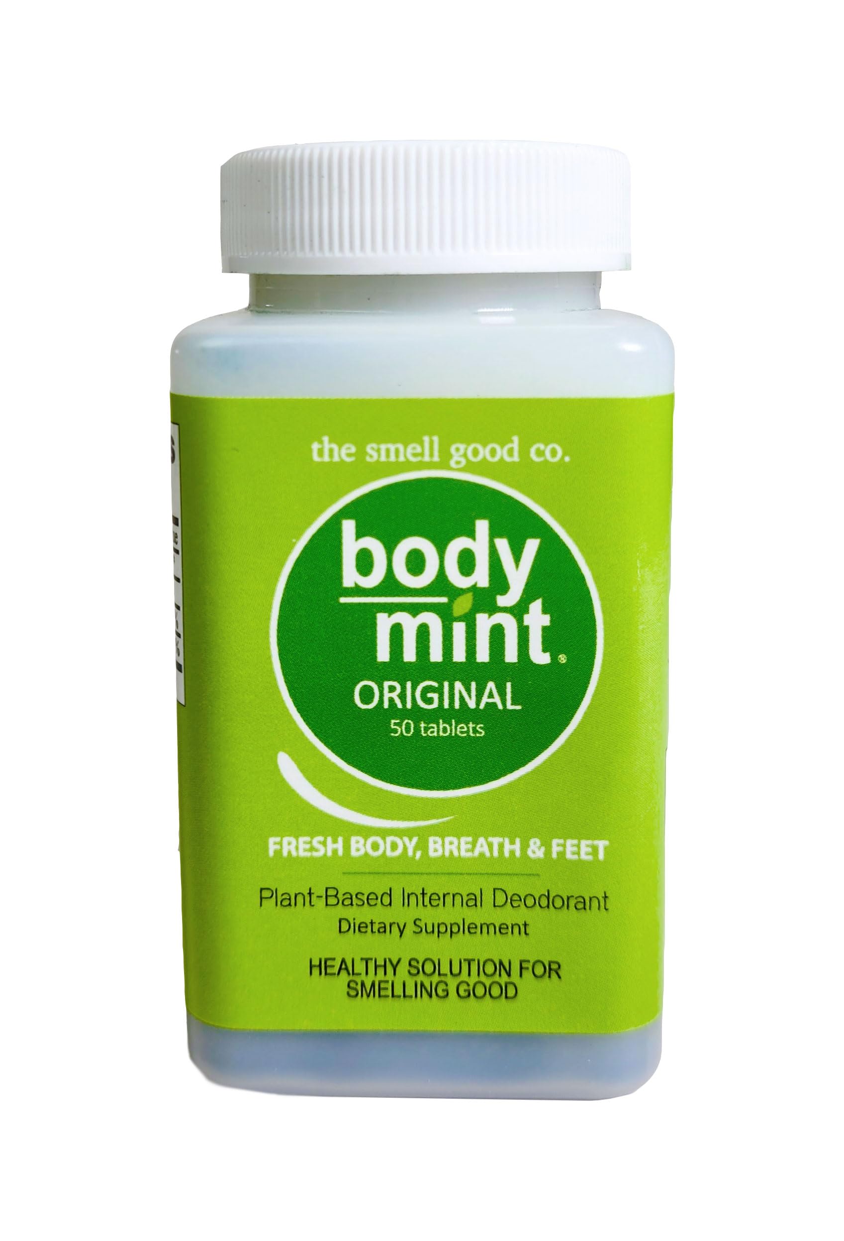 Body Mint frasco delantero con etiquetas claras y tamaño práctico para llevar, frescura vegetal