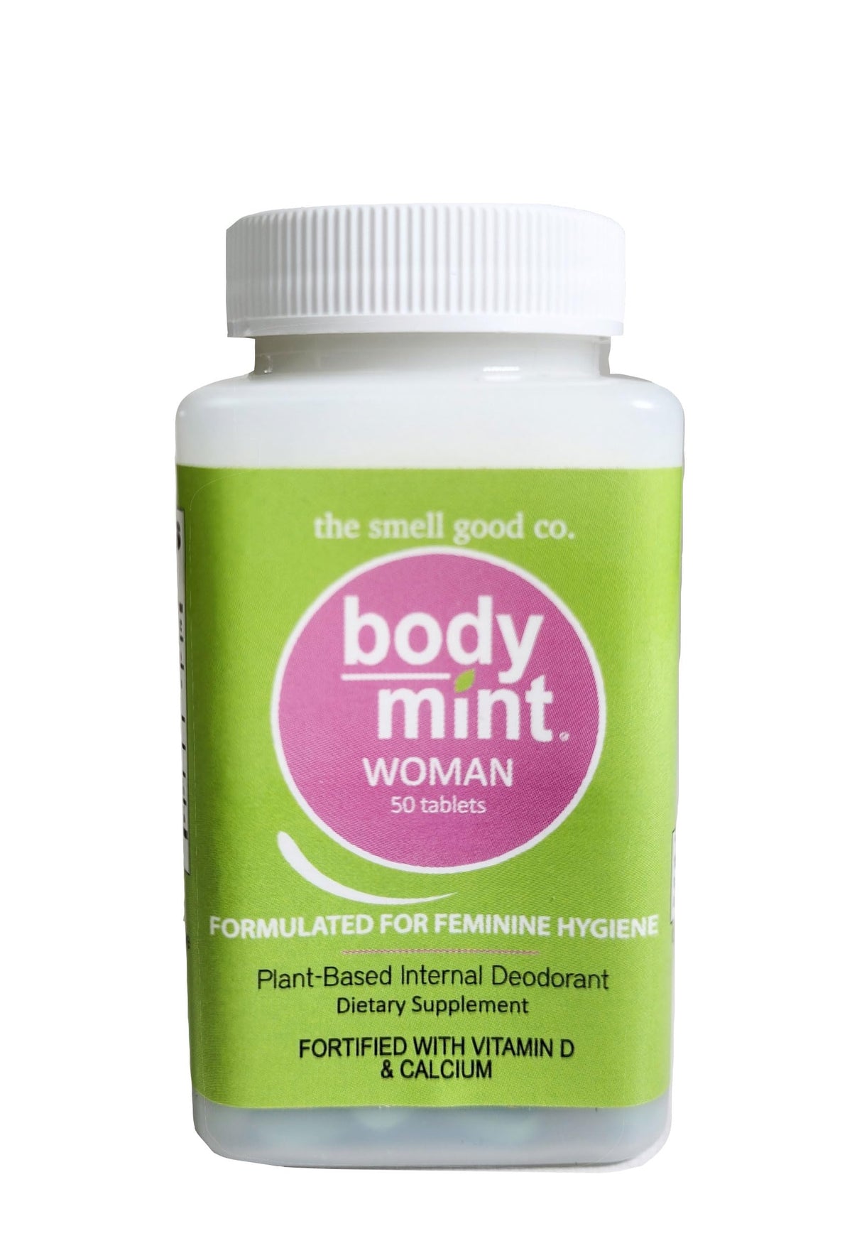 Body Mint frontal del envase mostrando 50 tabletas y beneficio de frescura duradera