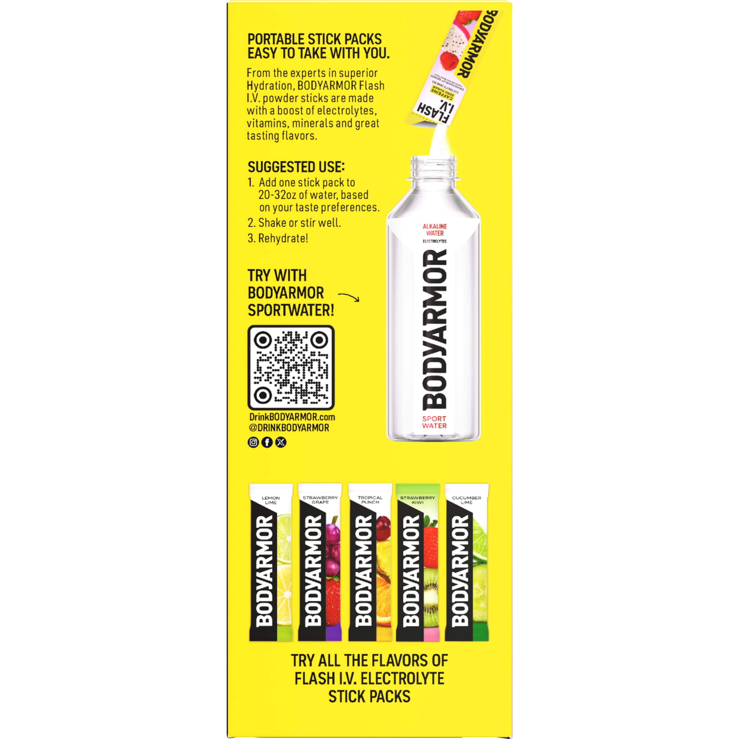 BODYARMOR escena en gimnasio con botella y sobres, hidratación conveniente para actividad física