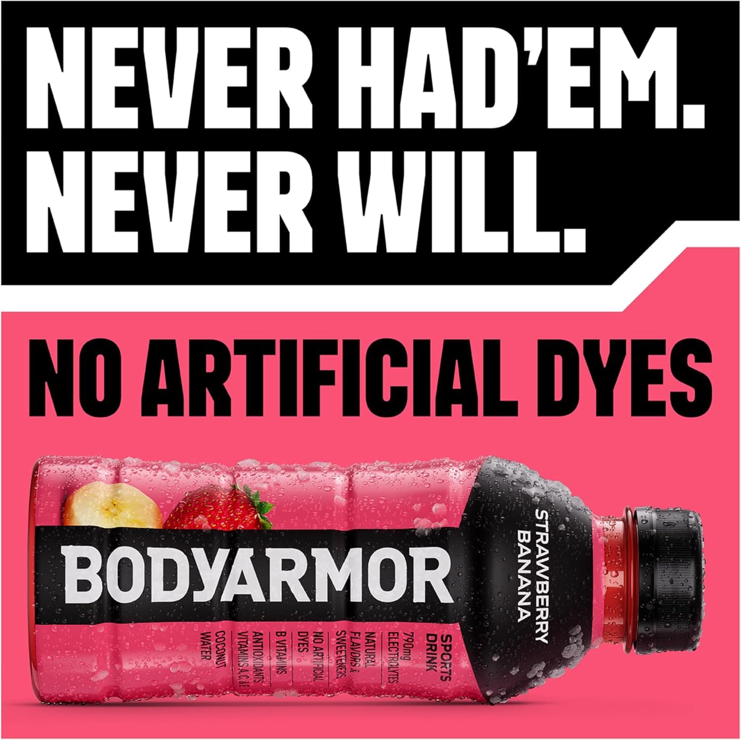 Bodyarmor botella abierta con gota, consumo inmediato y refrescante