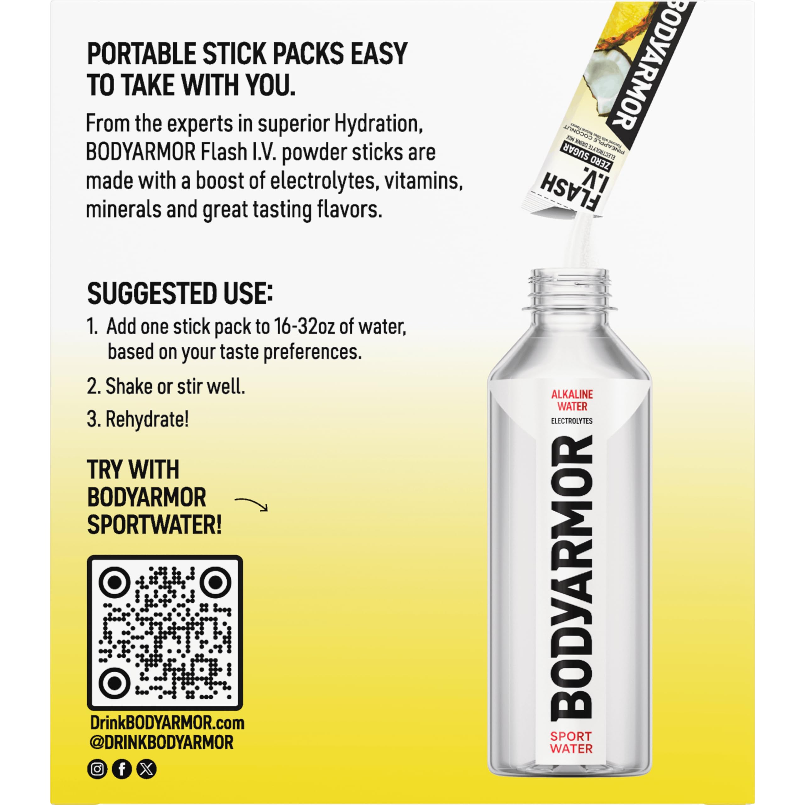BODYARMOR sobres en mochila listos para viaje ofreciendo hidratación portátil