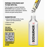 BODYARMOR sobres en mochila listos para viaje ofreciendo hidratación portátil