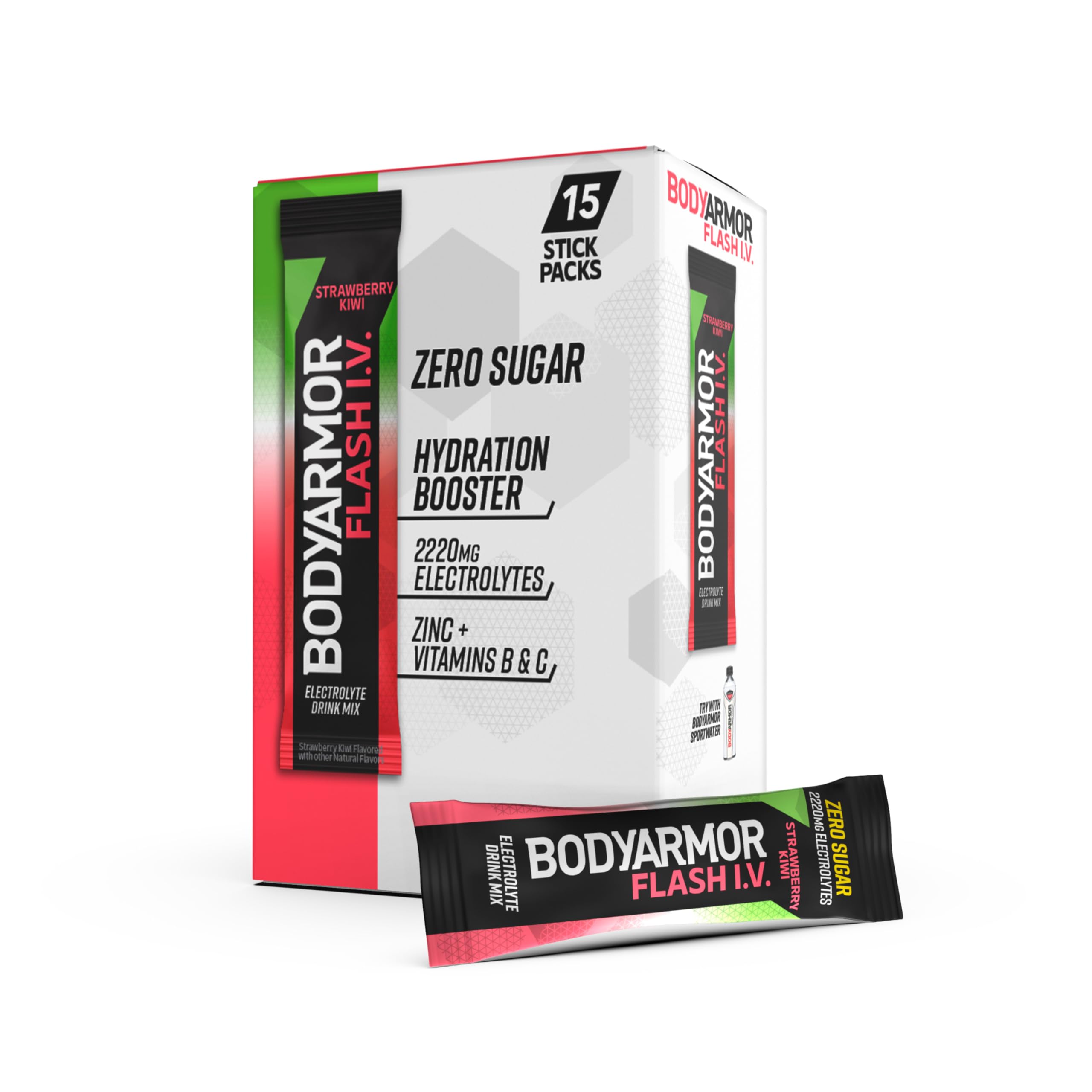 BODYARMOR frente del empaque mostrando 15 sobres y beneficios claros