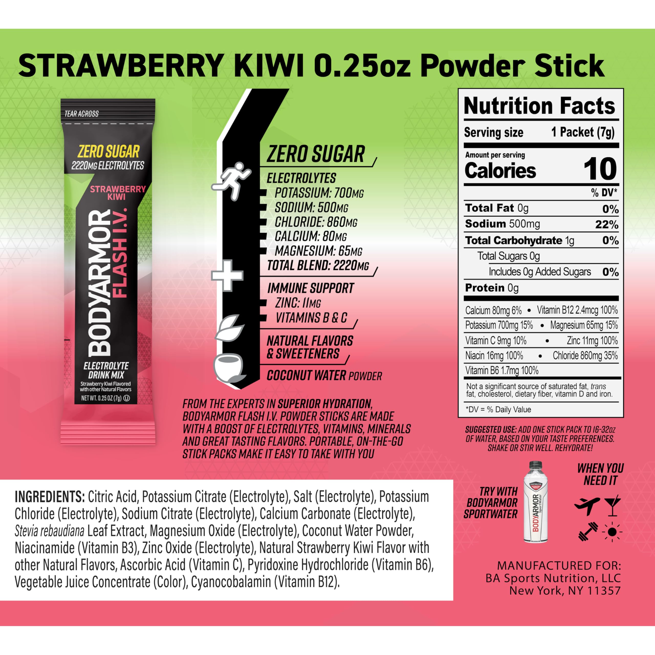 BODYARMOR etiqueta de ingredientes destacando electrolitos y vitaminas