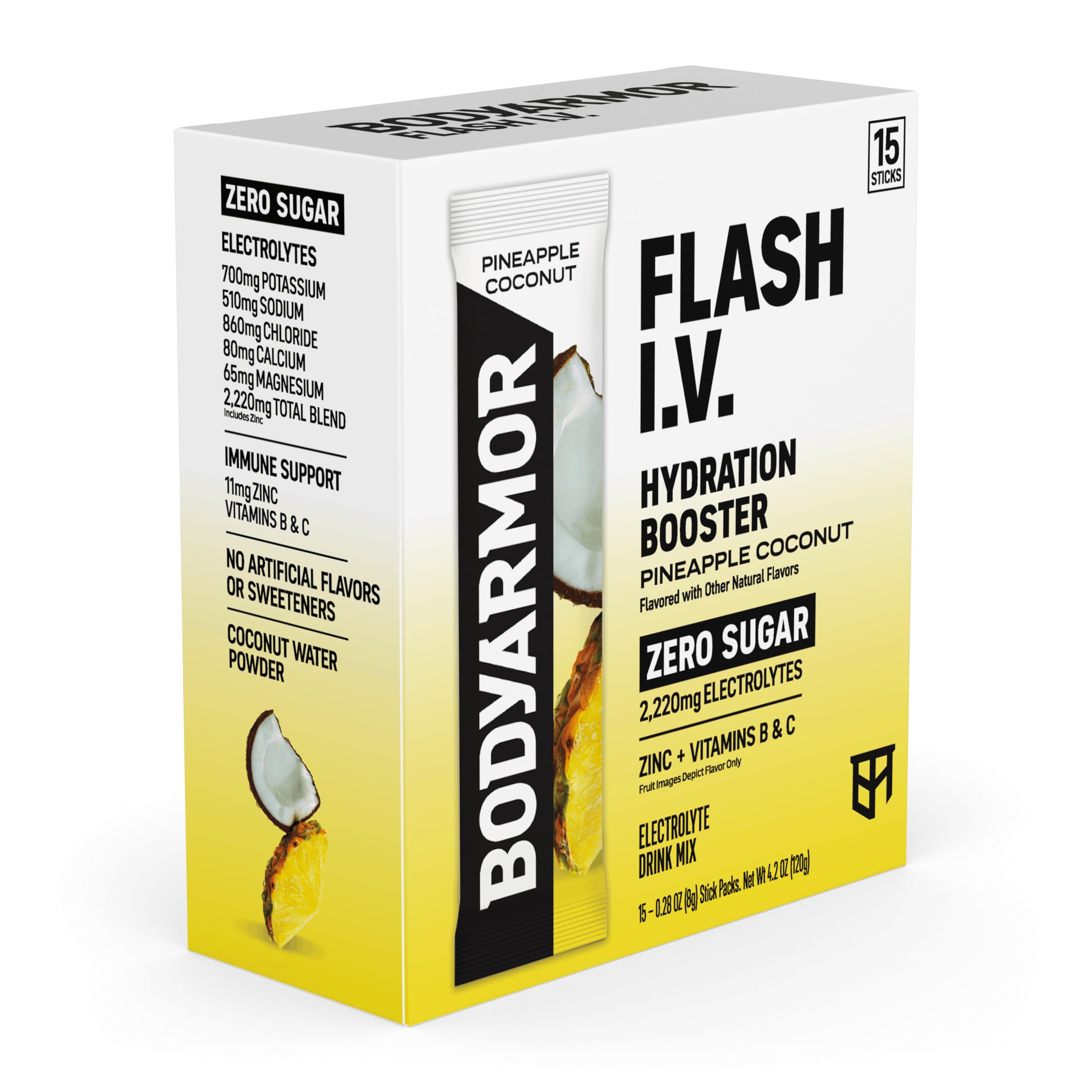 BODYARMOR empaque frontal piña coco mostrando beneficios y formato de 15 sobres