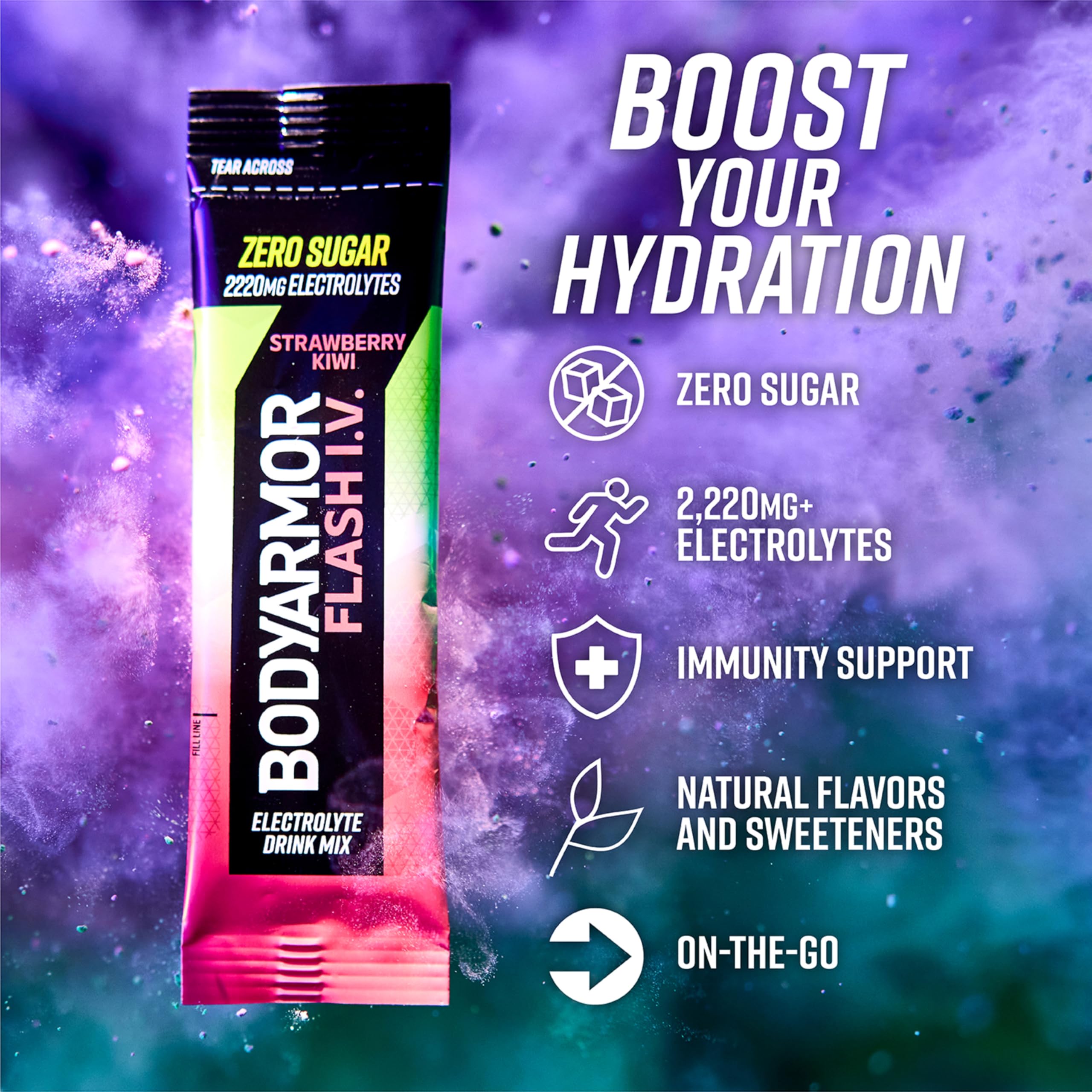 BODYARMOR sobre individual abierto listo para verter y llevar