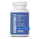 BodyBio Balance Oil vista frontal de la botella mostrando diseño y tamaño, transmite confianza
