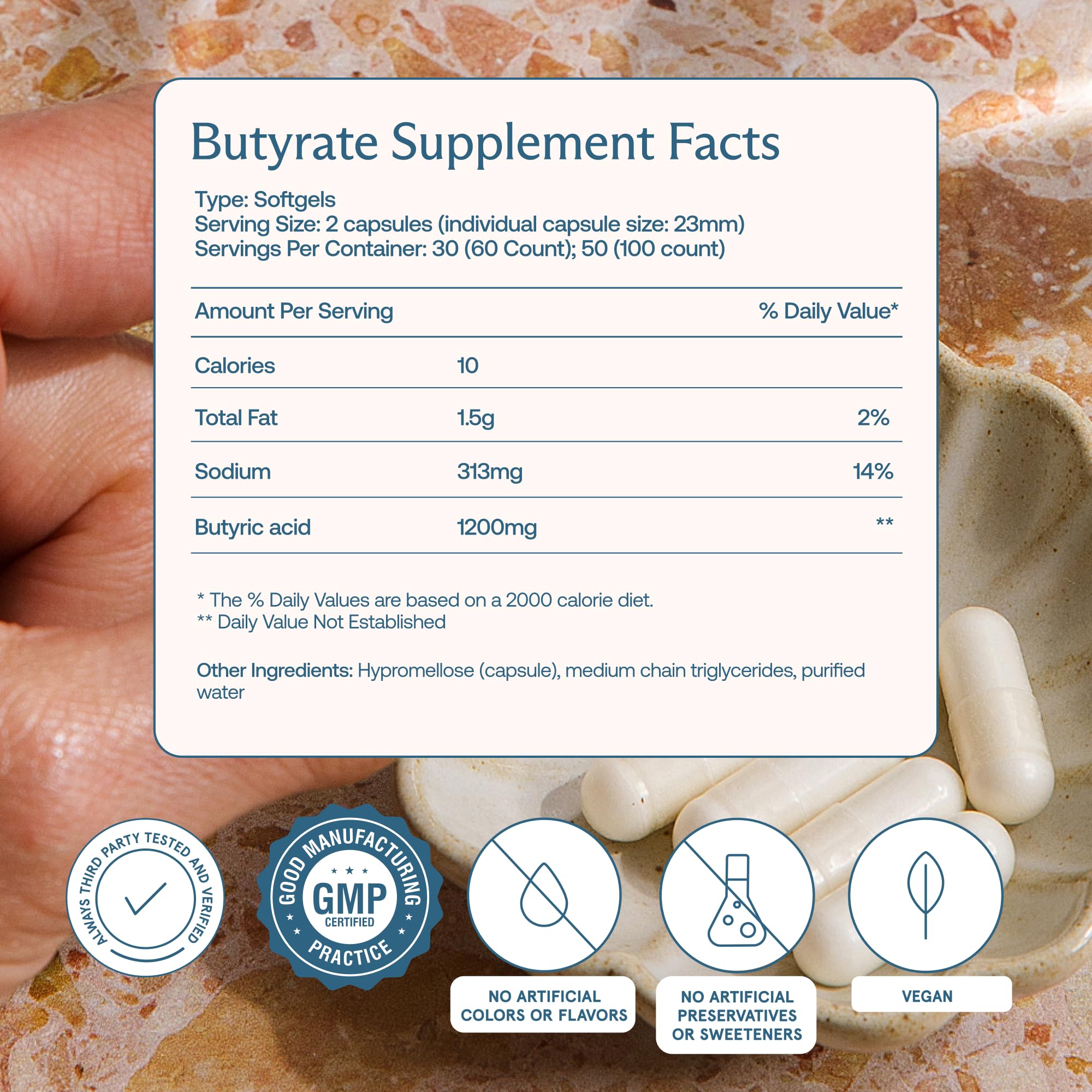 BodyBio etiqueta con tabla nutricional y pruebas de calidad